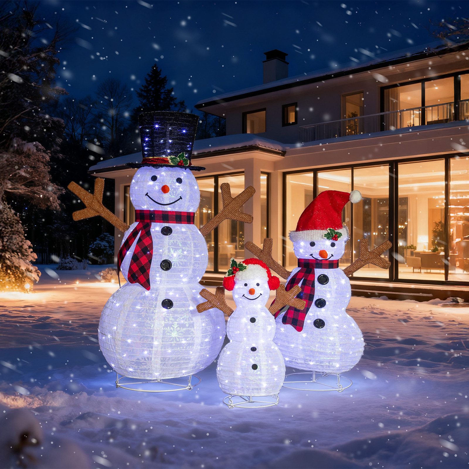 LALAHO Schneemann 3-teiliges LED-Schneemann Weihnachtsfigur, 60/90/120cm mit 300 LEDs Weihnachtsbeleuchtung für Innen und Außen