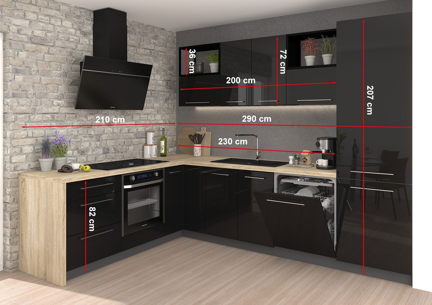 Feldmann-Wohnen Winkelküche Essen, (Schubladen mit Vollauszug + Selbsteinzug (REJS Comfort Box), 210x290x207cm lava / schwarz Hochglanz & Matt, L-Form, 11-teilig