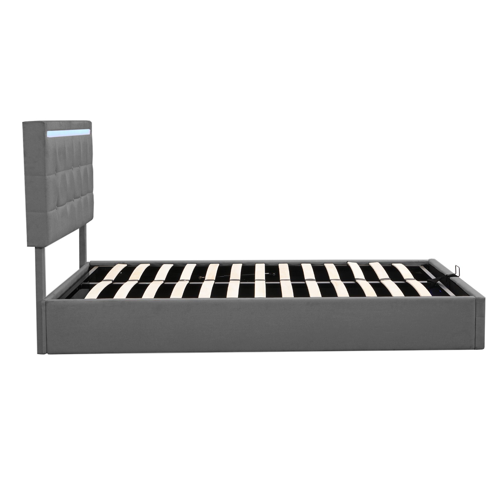 Polsterbett (Hydraulisches Bett mit Bettkasten, Lattenrost und 2 USB-Anschluss), Stauraumbett Funktionsbett 140x200 cm mit LED Beleuchtung, Leinen