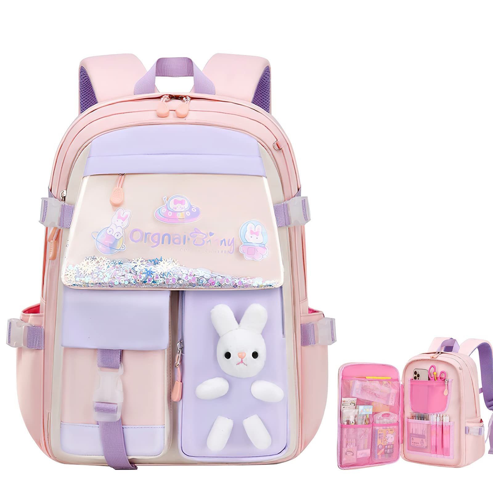 Toomoke Schulrucksack Mädchen Kinderrucksack mit 180° Frontöffnung (180° Frontöffnung, wasserabweisend, reflektierende Details, Brustgurt), 32 × 17 × 45 cm, für Grundschule & Freizeit