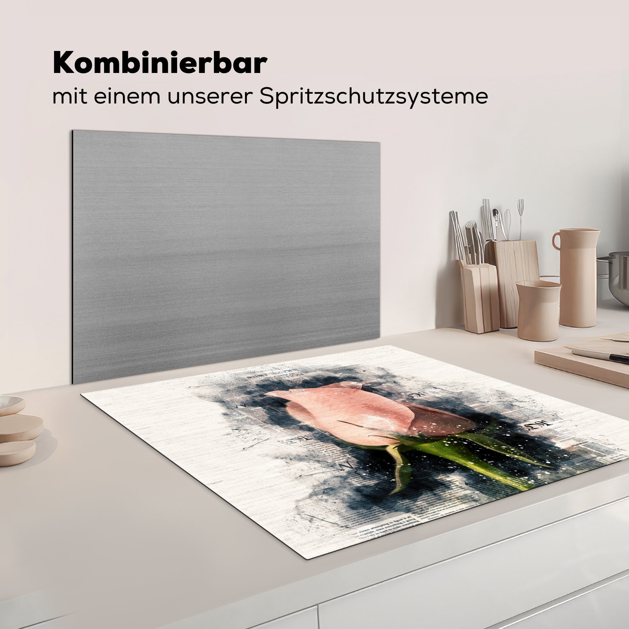 küche 78x78 Ceranfeldabdeckung, Herdblende-/Abdeckplatte tlg), - - Rauch Blumen Arbeitsplatte - MuchoWow Rosen cm, Vinyl, Zeitungspapier, für (1