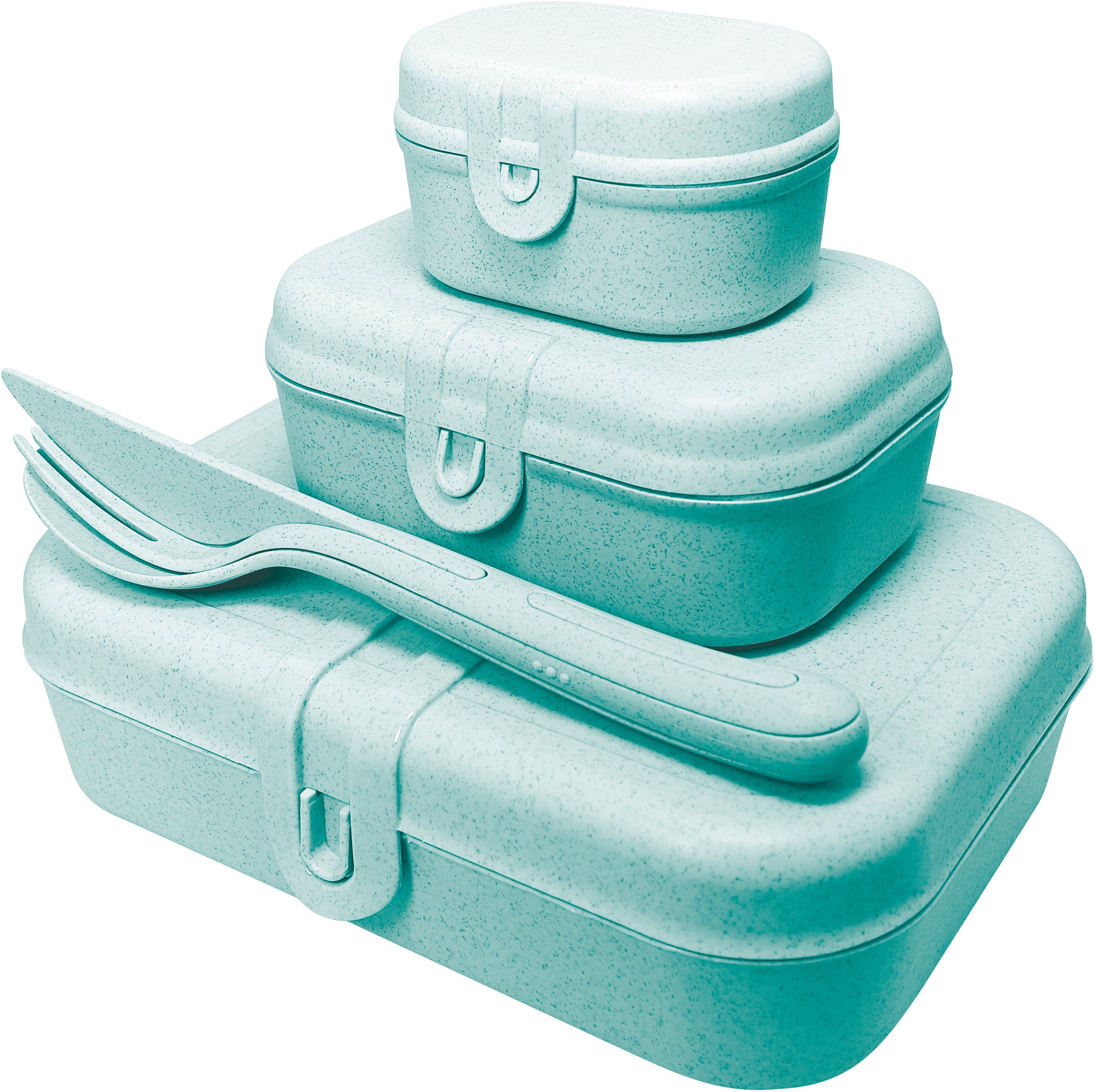 KOZIOL Lunchbox PASCAL READY, Kunststoff, (Set, 4-tlg), spülmaschinengeeignet, melaminfrei, inkl. Besteck organic aqua