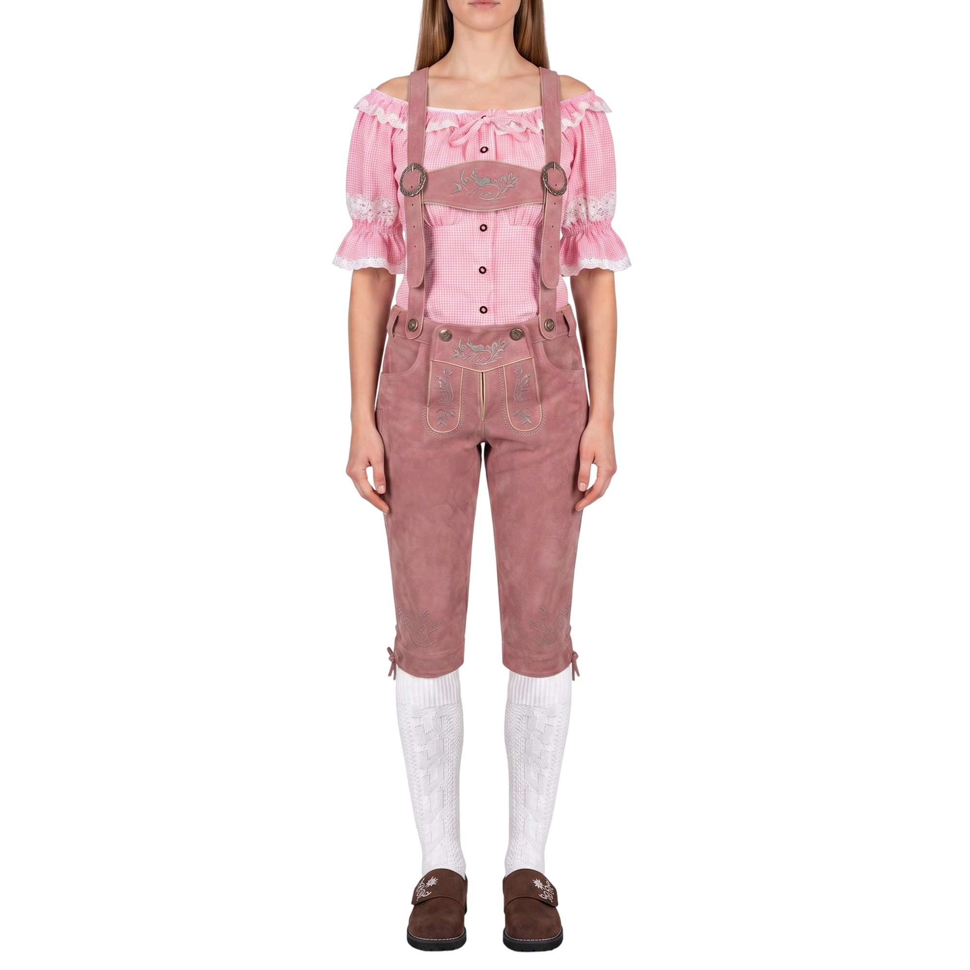 German Wear Trachtenlederhose GW1400 Damen Lederhose Trachtenhose Ziegenleder Kniebundhose mit Hosenträgern