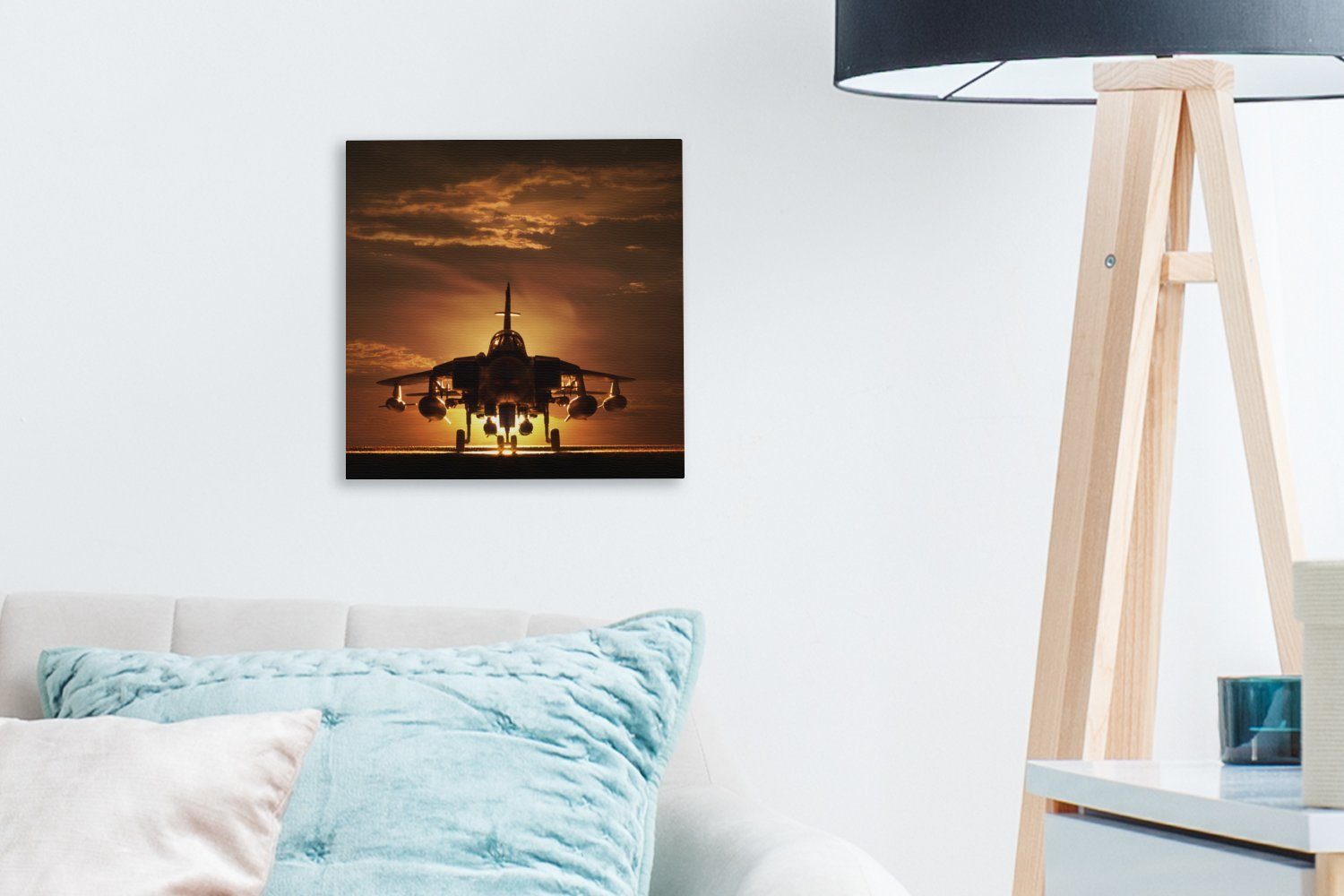 OneMillionCanvasses® Leinwandbild Die Wohnzimmer Bilder Schlafzimmer eines Silhouette Sonnenuntergang, Kampfjets Leinwand bei für (1 St)