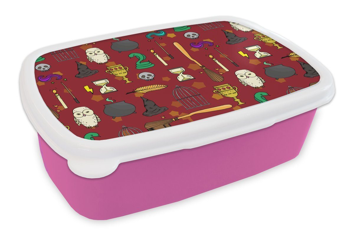 MuchoWow Lunchbox Teeny - Eule - Schlange - Muster, Kunststoff, (2-tlg), Brotbox für Erwachsene, Brotdose Kinder, Snackbox, Mädchen, Kunststoff rosa