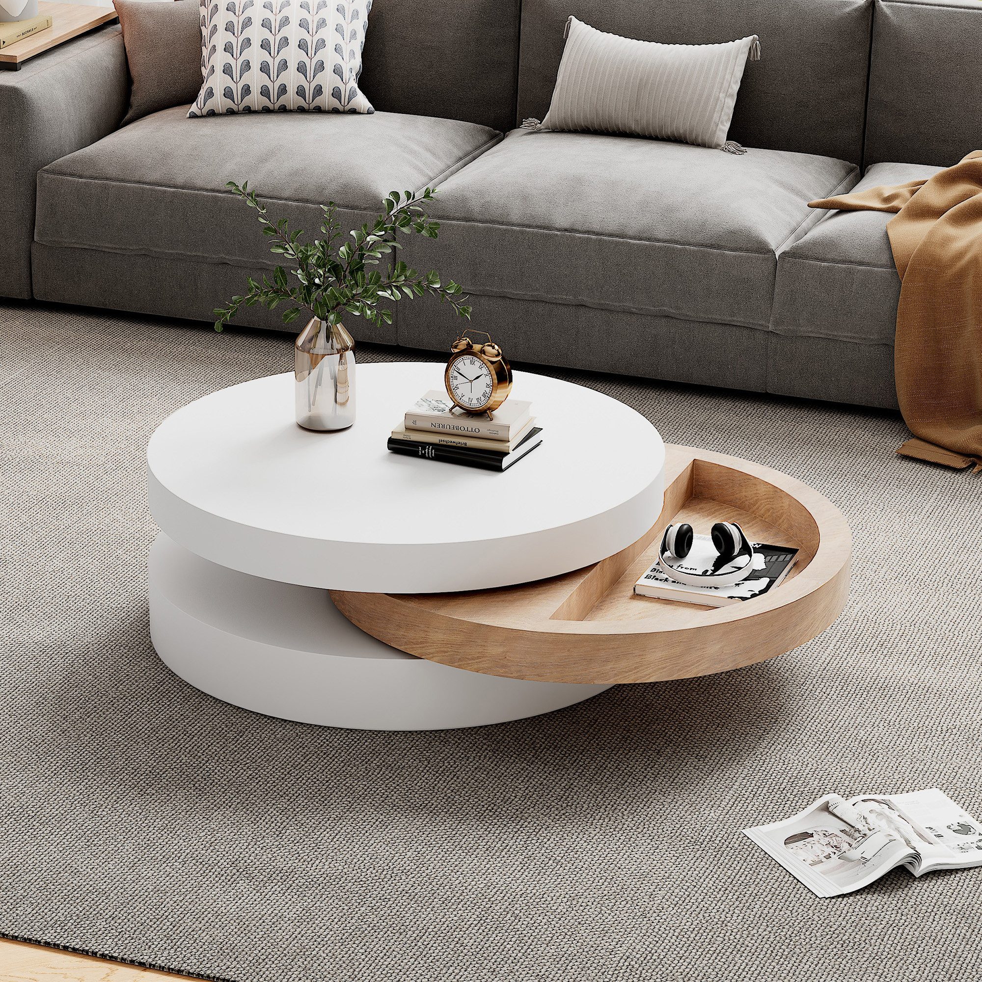 i@home Couchtisch Sofatisch Wohnzimmertisch mit Stauraum (360° drehbar und ausziehbar auf 88 cm, 1-St., 3 Ablageflächen, versteckter Stauraum), klappbare Arbeitsplatte, 60×60×35 cm MDF/Eschenfurnier