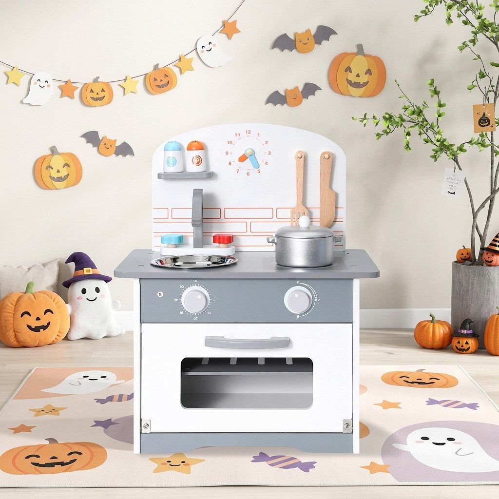 HomeMiYN Spielküche Holz-Kinderküche mit Zubehör, 40×24,5×50 cm, ab 3 Jahren, Holz-Rollenspiel für kreative Kochabenteuer – ideal zu Halloween