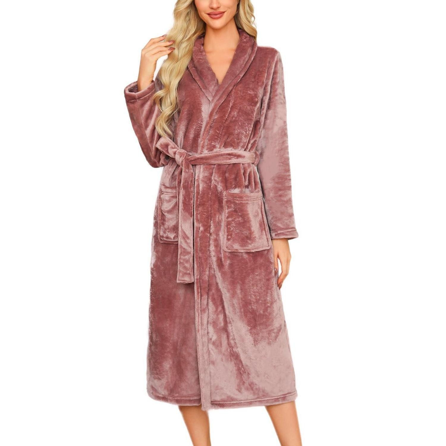 LuxusKollektion Damenbademantel Damen Bademantel Fleece Lang Graubraun, Textil, Taschen