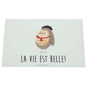 Mr. & Mrs. Panda Servierbrett Eule Französisch - Weiß - Geschenk, hibou, Spruch Französisch, La vie, Premium Glas, (1-St)