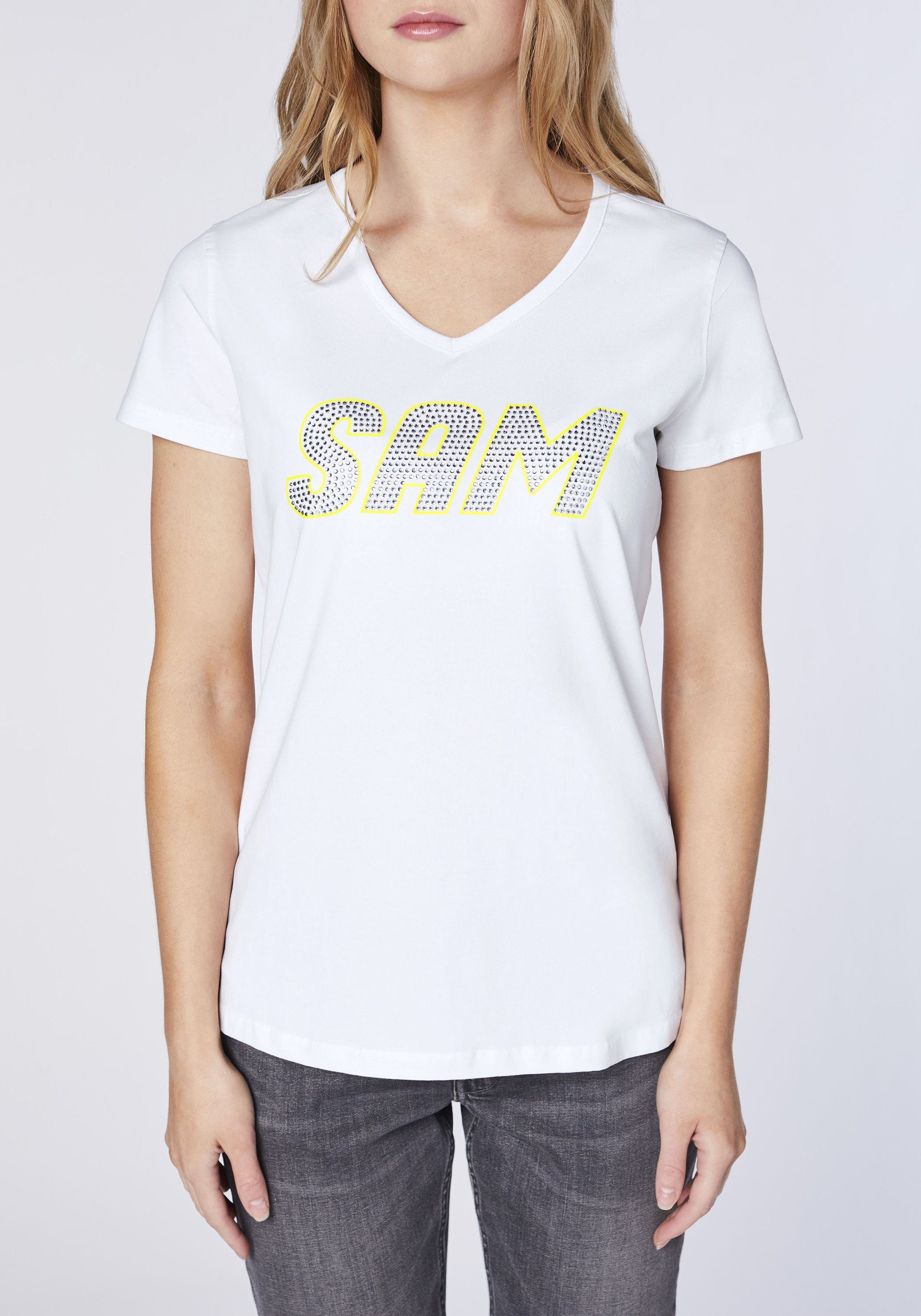 Print-Shirt Sam Uncle glitzerndem Bright White V-Ausschnitt mit 11-0601