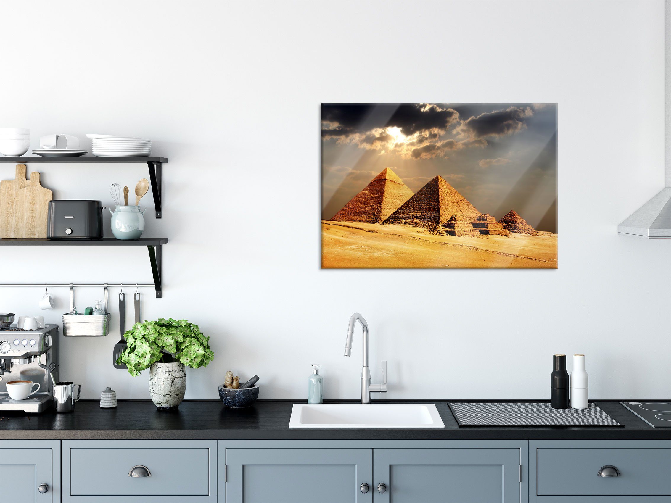 Pixxprint Glasbild Pyramiden Sonnenlicht, aus Abstandshalter Echtglas, im im Aufhängungen Gizeh Gizeh St), Glasbild Sonnenlicht inkl. von Pyramiden von und (1