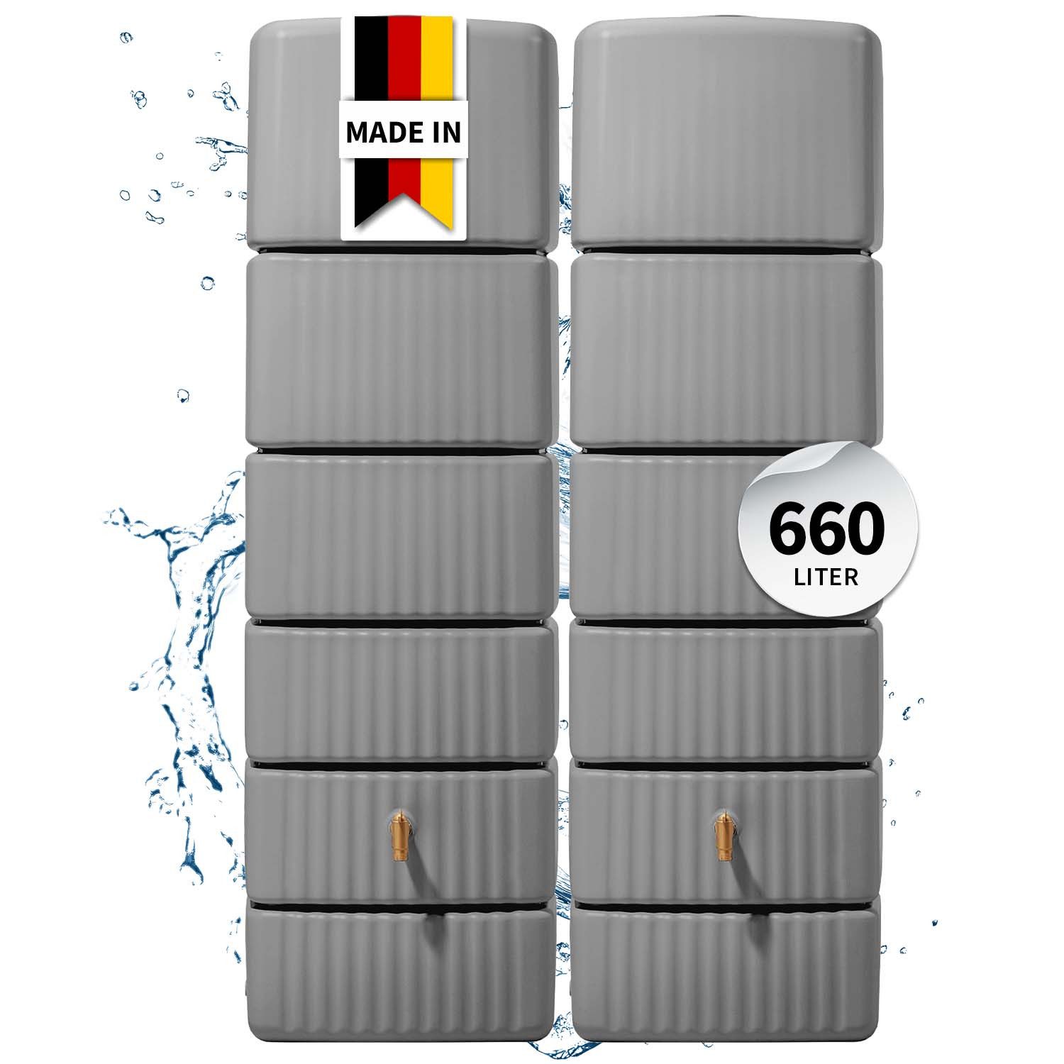 4rain Regentonne SLIM Wandtank SET 660 L, steingrau, 2x Slim 330 L, inkl. Verbinder