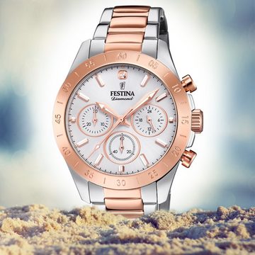 Festina Chronograph Festina Damen Uhr F20398/1 Edelstahl, Damen Armbanduhr rund, Edelstahlarmband silber, rosé