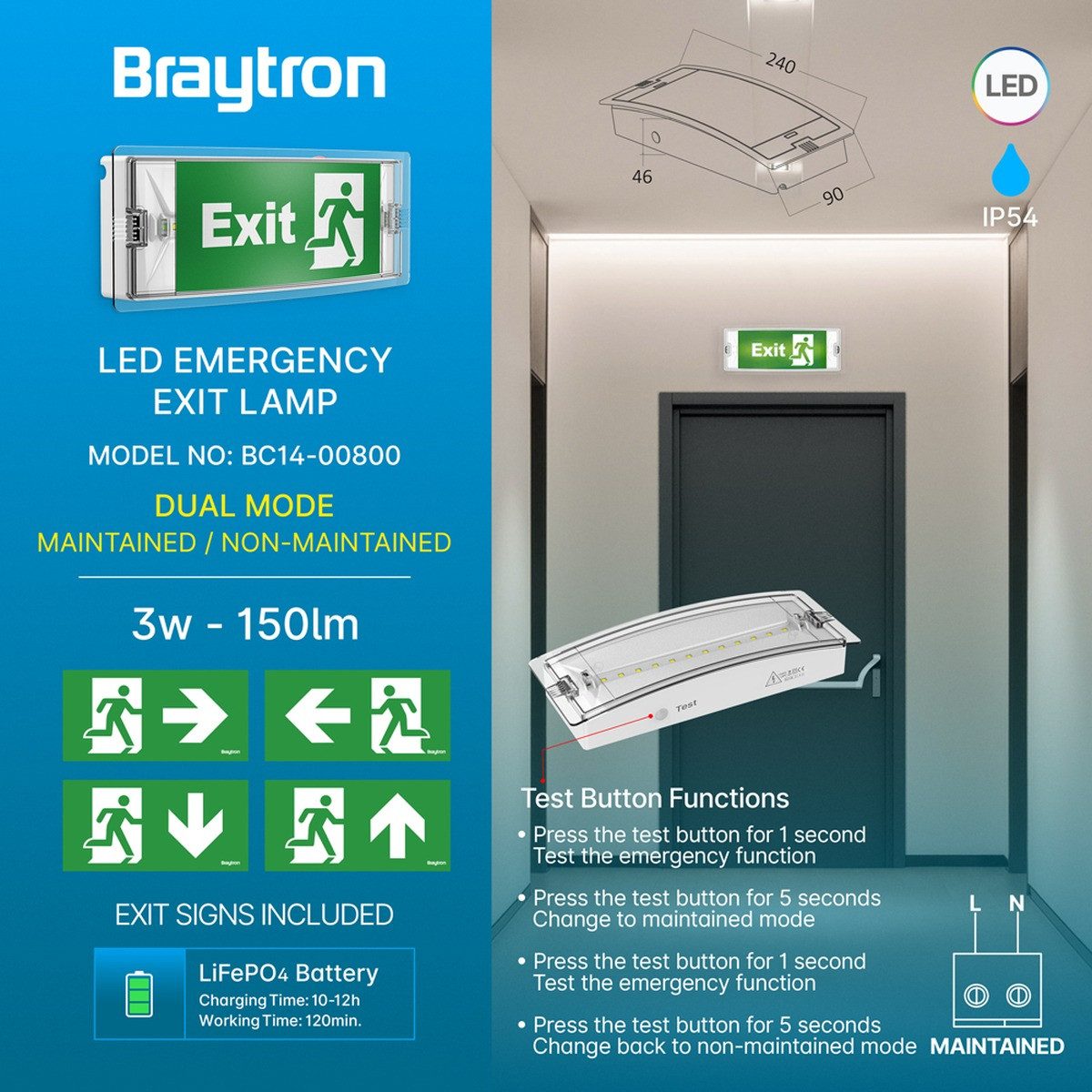 Braytron LED Deckenleuchte LED Notleuchte Rettungszeichenleuchte Fluchtwegleuchte Notlic, LED fest integriert, Kaltweiß, Energieeffizient, Flimmerfrei, Langlebig, Spritzwassergeschützt