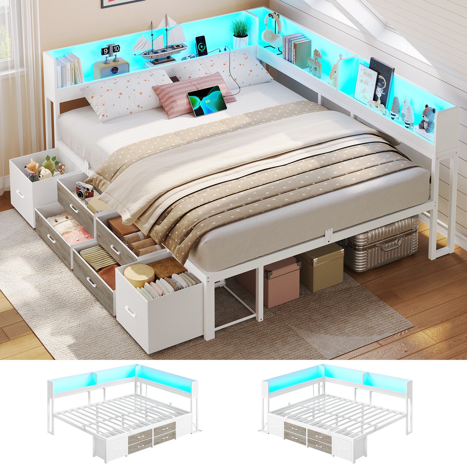 MSMASK Daybett Schlafsofa mit LED-Beleuchtung & Ladestation, Jugendbett Kinderbett, mit Integriertem Bücherregal & 6 Schubladen, 140x200cm