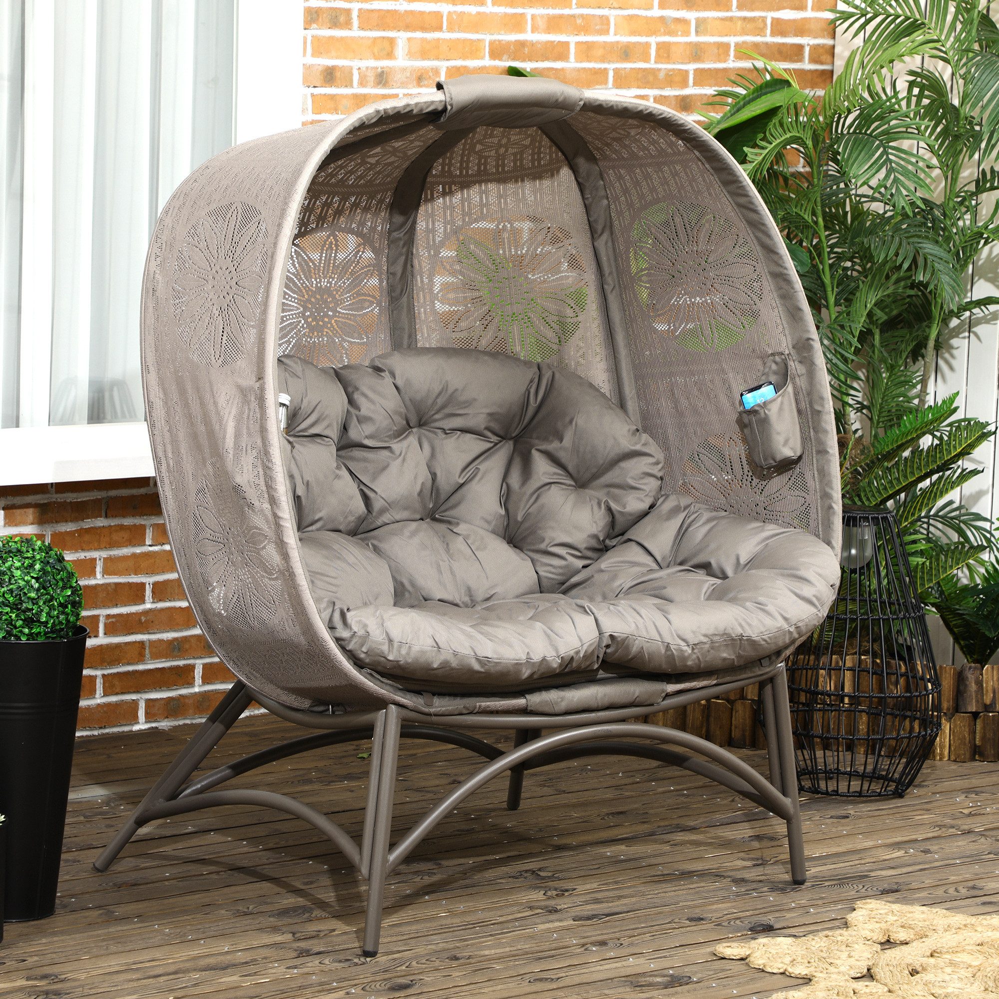 furnicato Gartenstuhl Sandbraun 126L x 75B x 142H cm für zwei, Klappbare Sitzbank mit Becherhaltern und weichem Sitzkissen