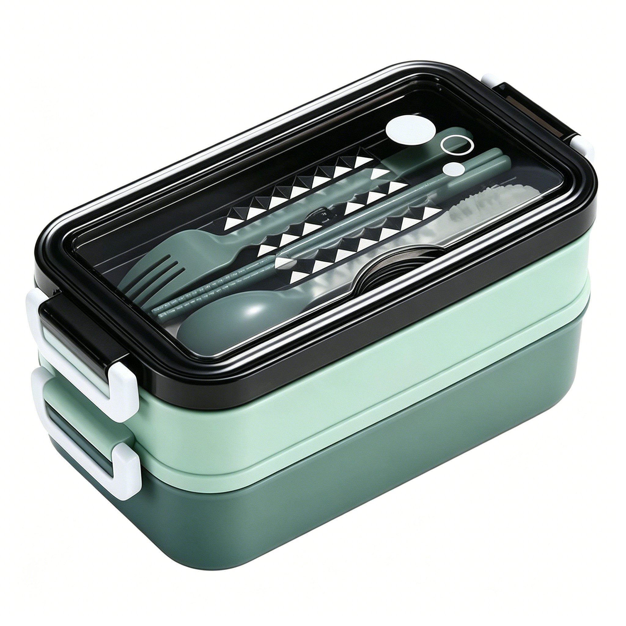 Diwzbyn Lunchbox Lunchbox 1400ml, 2-stufig, Mit Fächern & Besteck, Mit Gabel, Löffel & Essstäbchen, mikrowellengeeignet