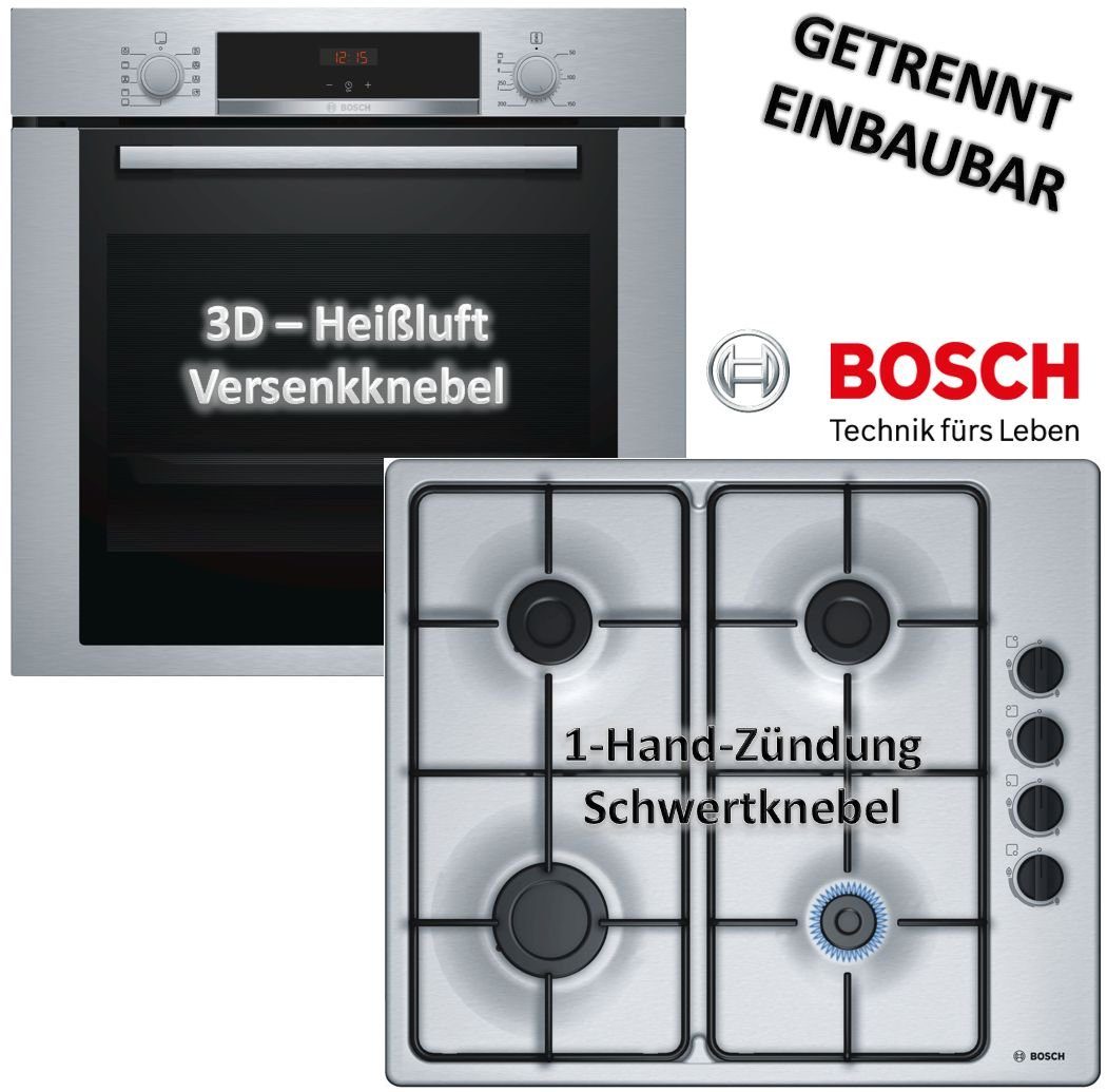 keenberk Backofen-Set Bosch XXL-Einbaubackofen mit Gas-Kochfeld autark 60cm  3D-Heißluft Teleskopauszug
