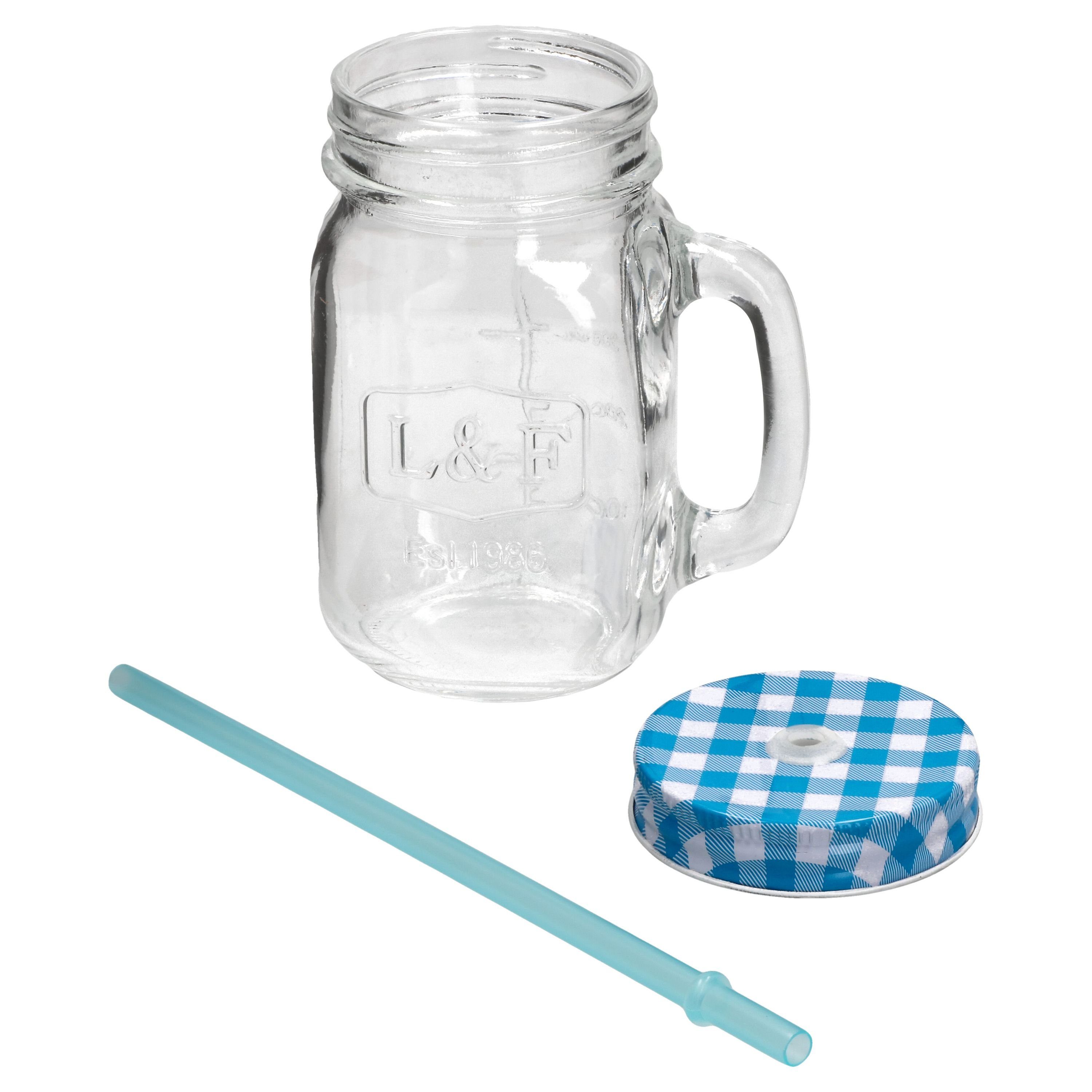 Glas Set Deckel blau Trading Glasbecher HIT und Trinkhalm kariert 0,5L, mit 4er Henkel Glas