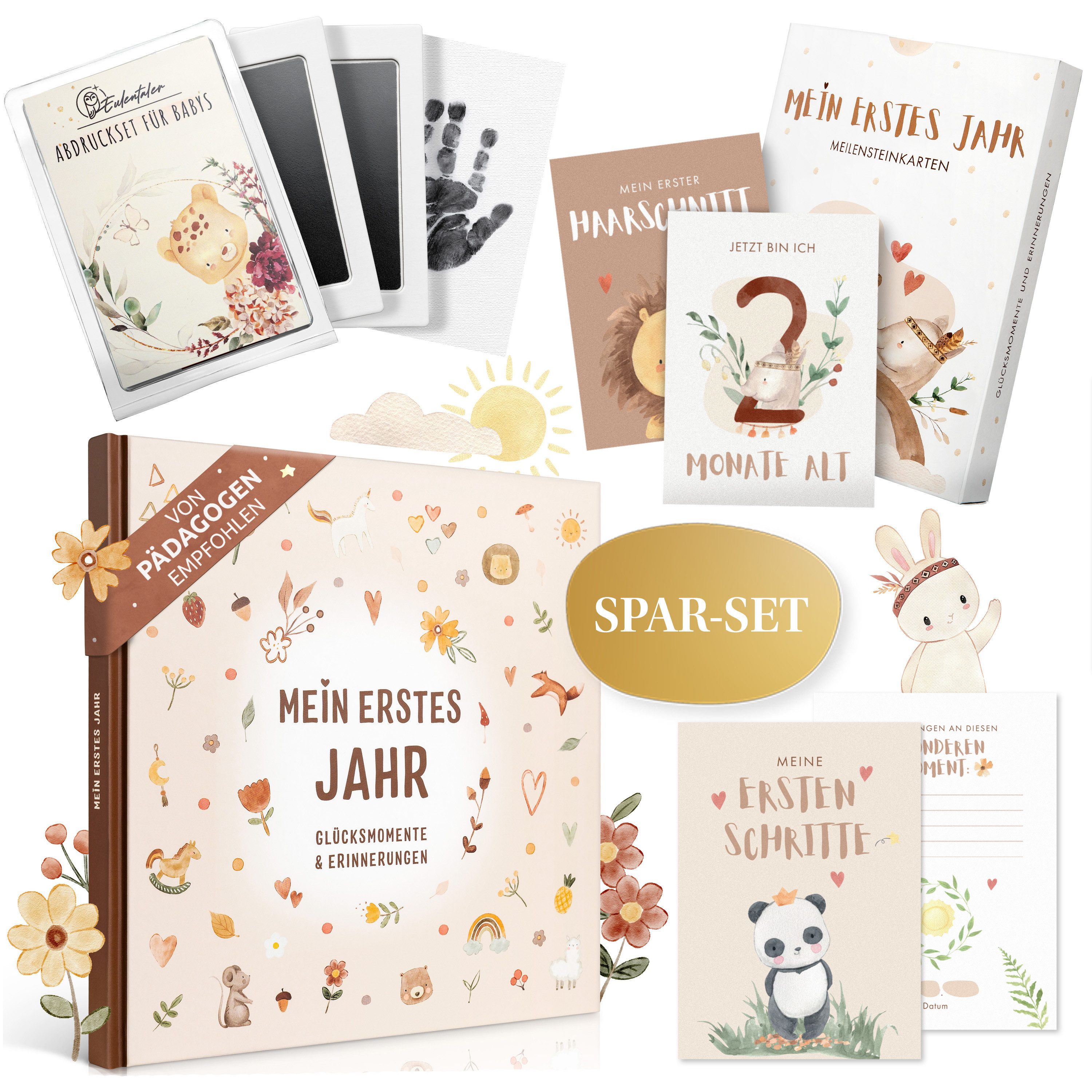 Eulentaler Tagebuch I Babyalbum Geschenkset 3in1 I Album, Meilensteinkarten & Abdruckset, für das erste Jahr, von Pädagogen gestaltet