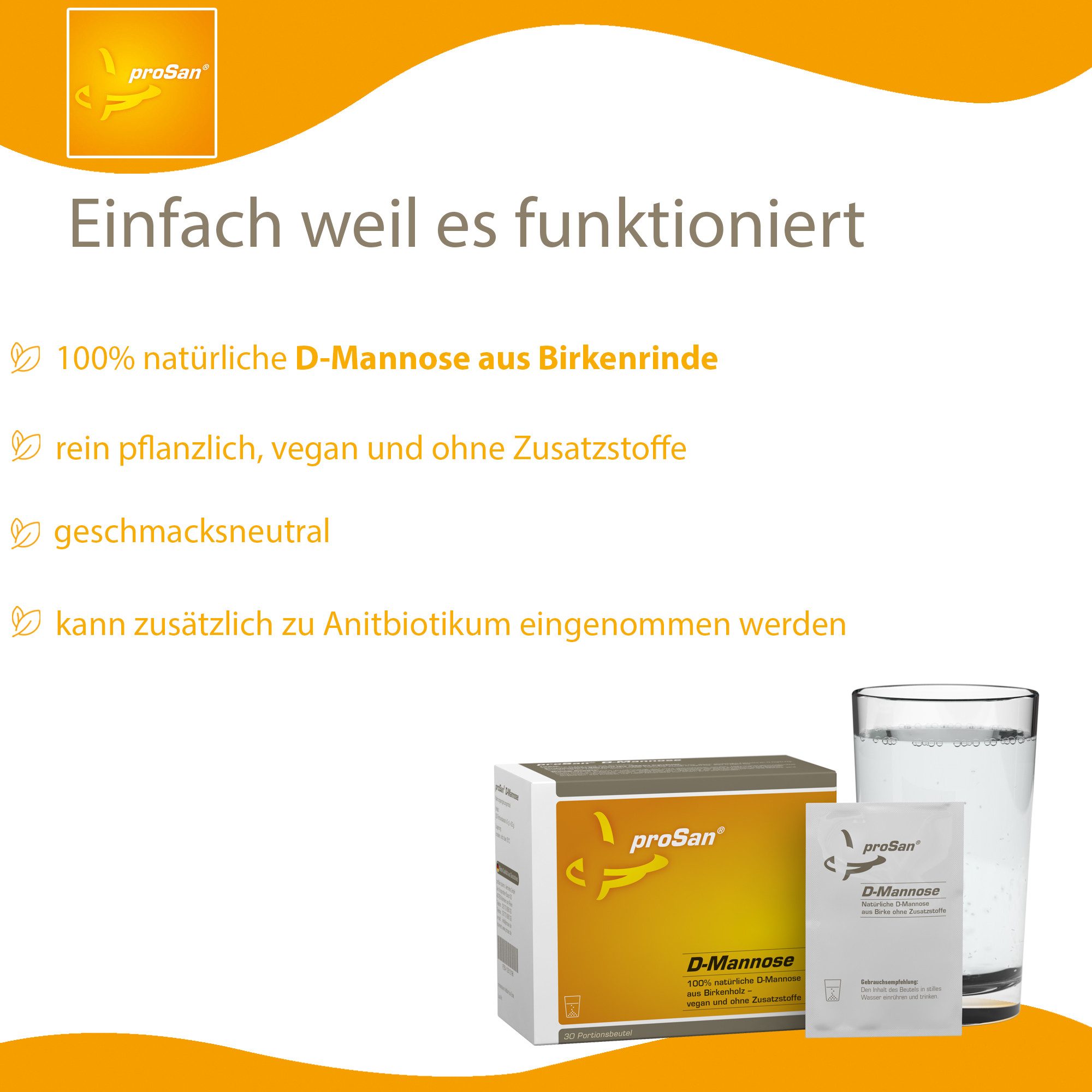 proSan D-Mannose Pulver, Vegan, Naturbelassen aus Birke & Antibiotikafrei, Pulver, 30 St., 60 g