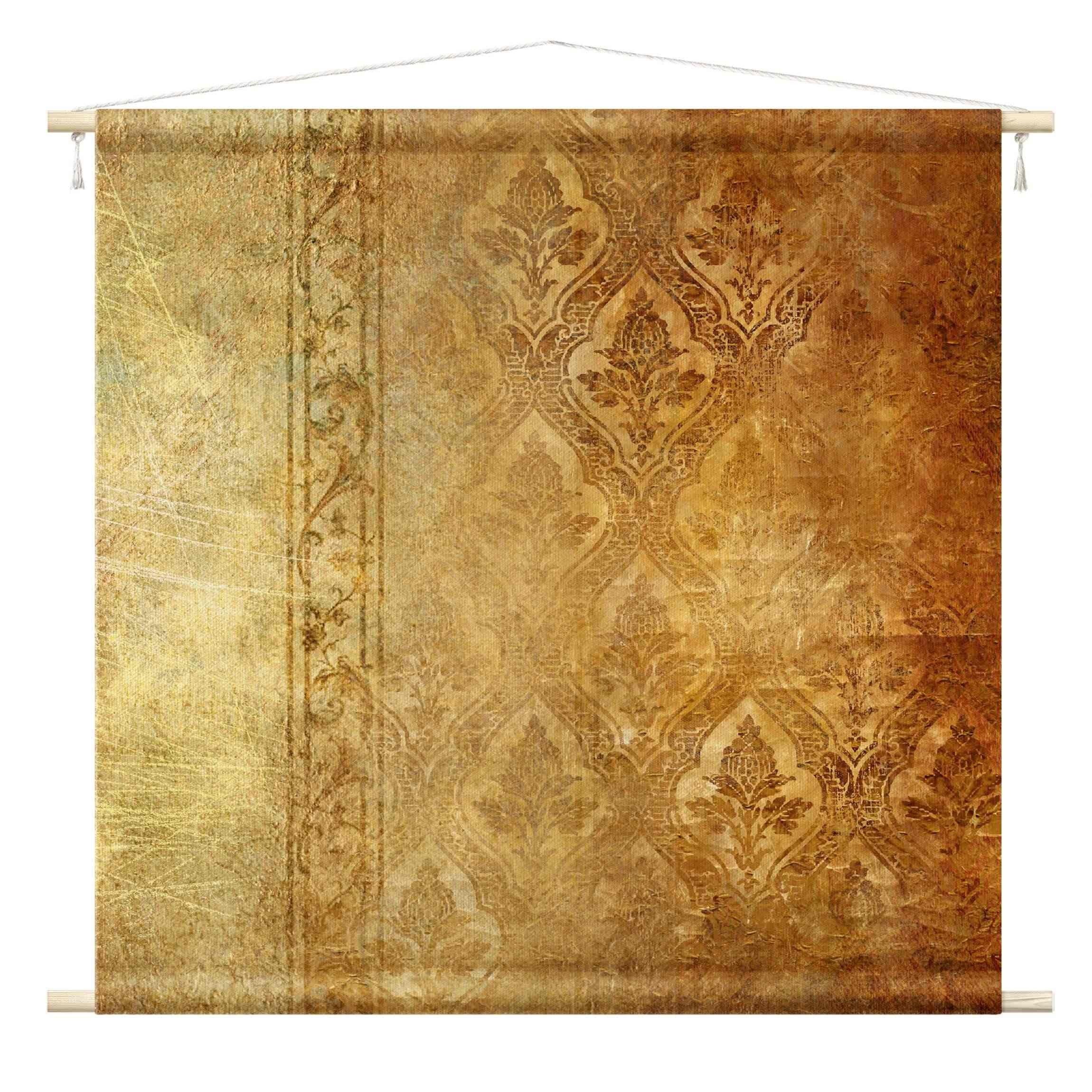 Bilderdepot24 Wandteppich modern Muster Ornamente Vintage gold, quadratisch, Höhe: 2.6 mm, großes Wandbild aus Natur-Baumwolle Wandbehang Stoffbild Tuch Wollseil