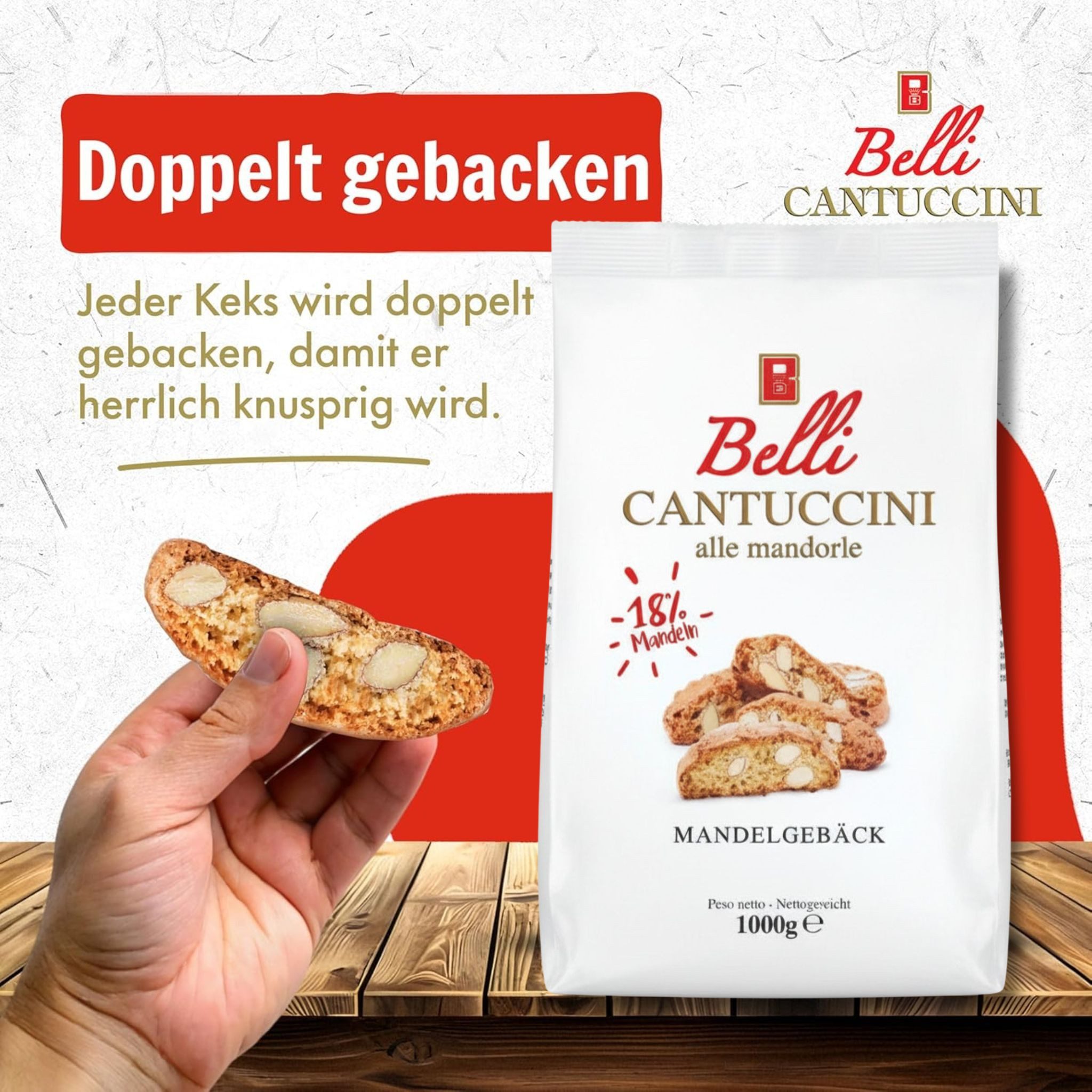 Belli Cantuccini Kekse Belli Cantuccini Mandelgebäck 4x1000g, 4 x 1000 g, (4x 1Kg Großverpackung, mit 18% Mandelanteil, doppelt gebacken, italienische Tradition)