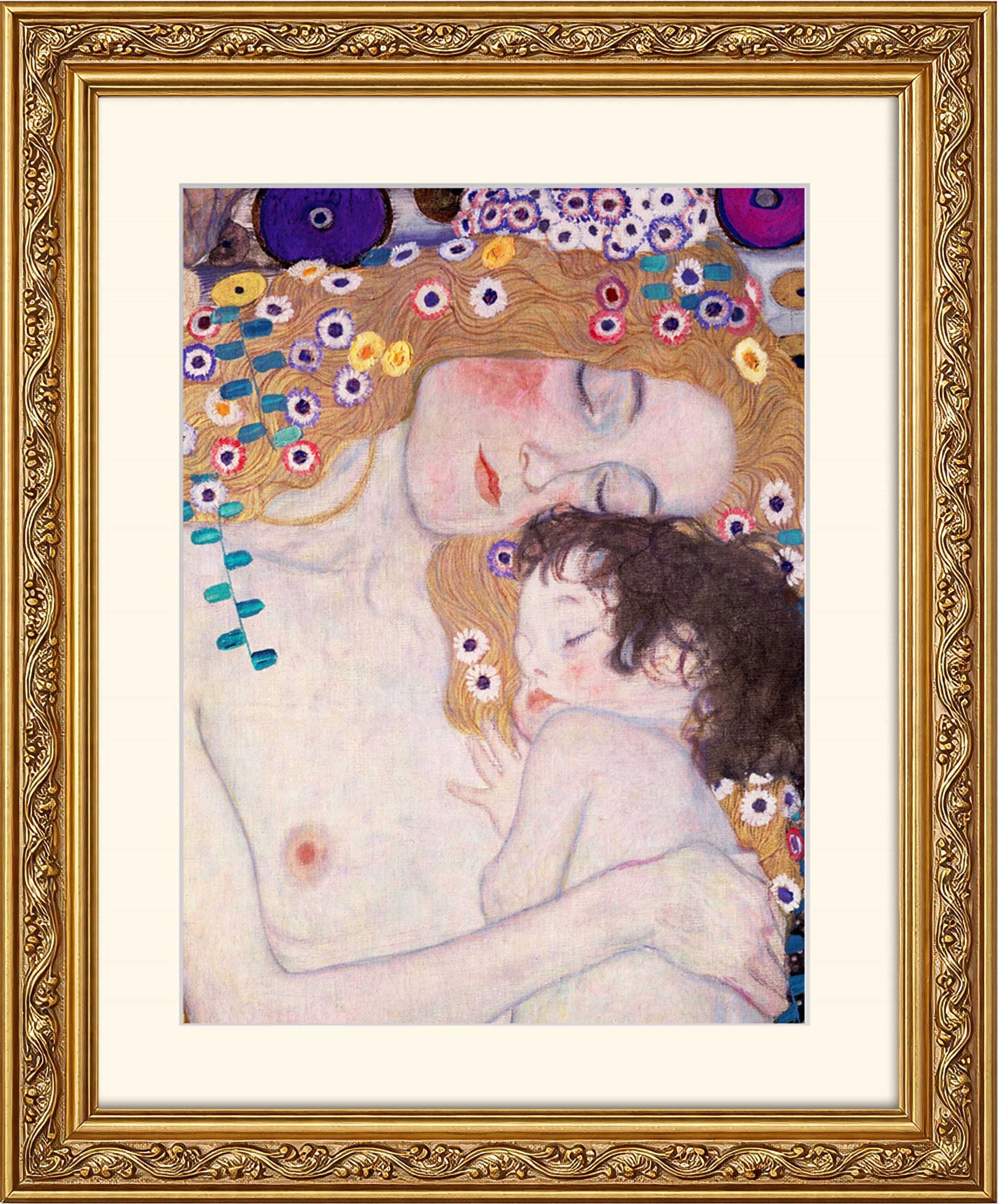 artissimo Bild mit Rahmen Wandbild gerahmt 53x63 cm Kunstdruck mit Passepartout & Barock-Rahmen, Gustav Klimt: Le tre eta della donna