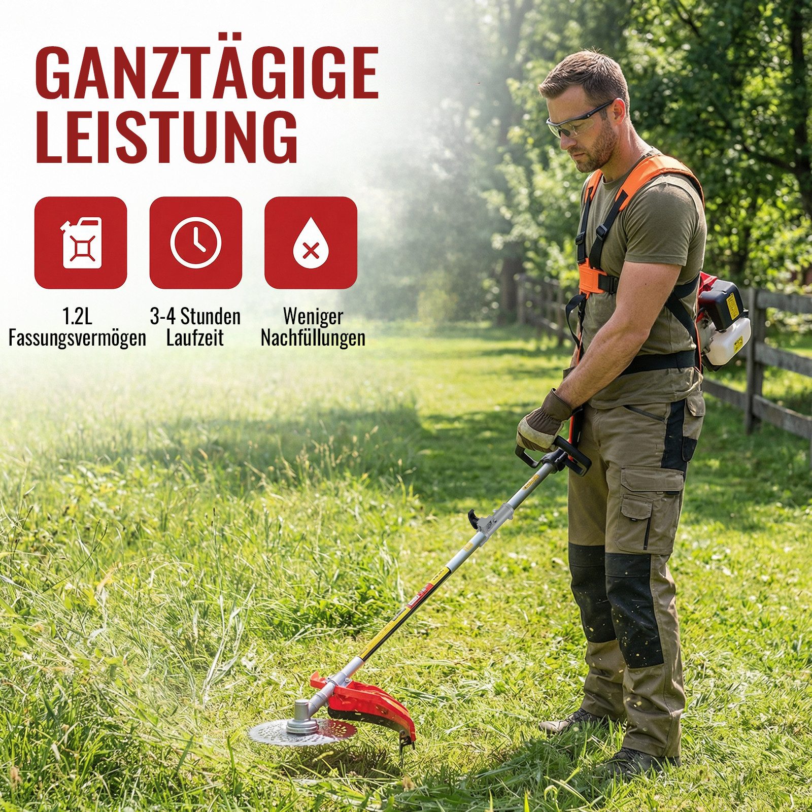 CONENTOOL Benzin-Motorsense 52ccm, 2,5kW Benzin Rasentrimmer, 25.5 cm Arbeitsbreite Messer, 43 cm Arbeitsbreite Faden, mit Schultergurt, Multifunktions-Heckenschere & Motorsense