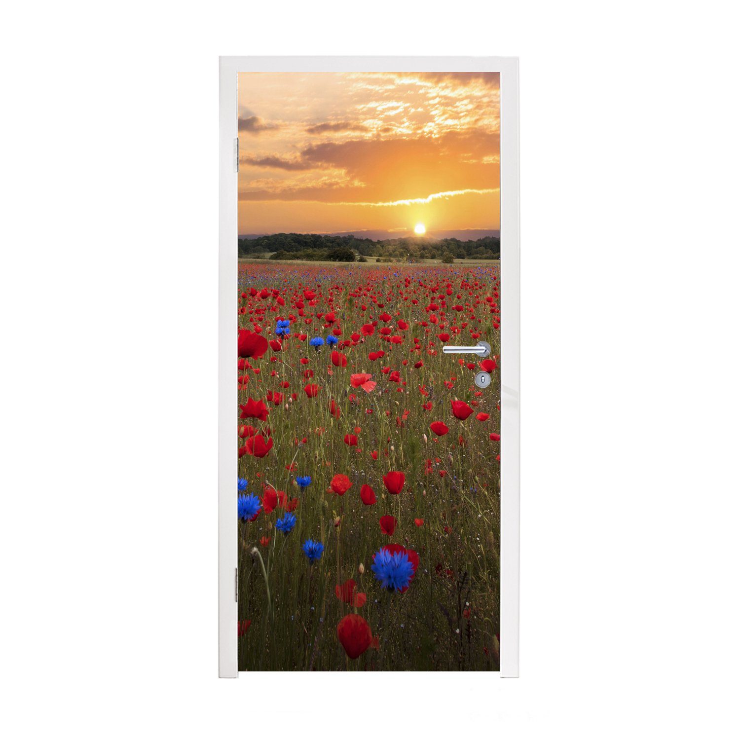 MuchoWow Türtapete Blaue Mohnblumen zwischen Matt, roten für Tür, St), Fototapete Türaufkleber, bedruckt, cm 75x205 (1 Mohnblumen