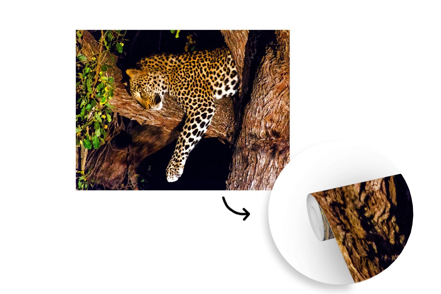 Tiere, MuchoWow (5 Tapete Panther Baum Wandtapete bedruckt, Matt, Wohnzimmer, Fototapete St), Montagefertig für Vinyl - -