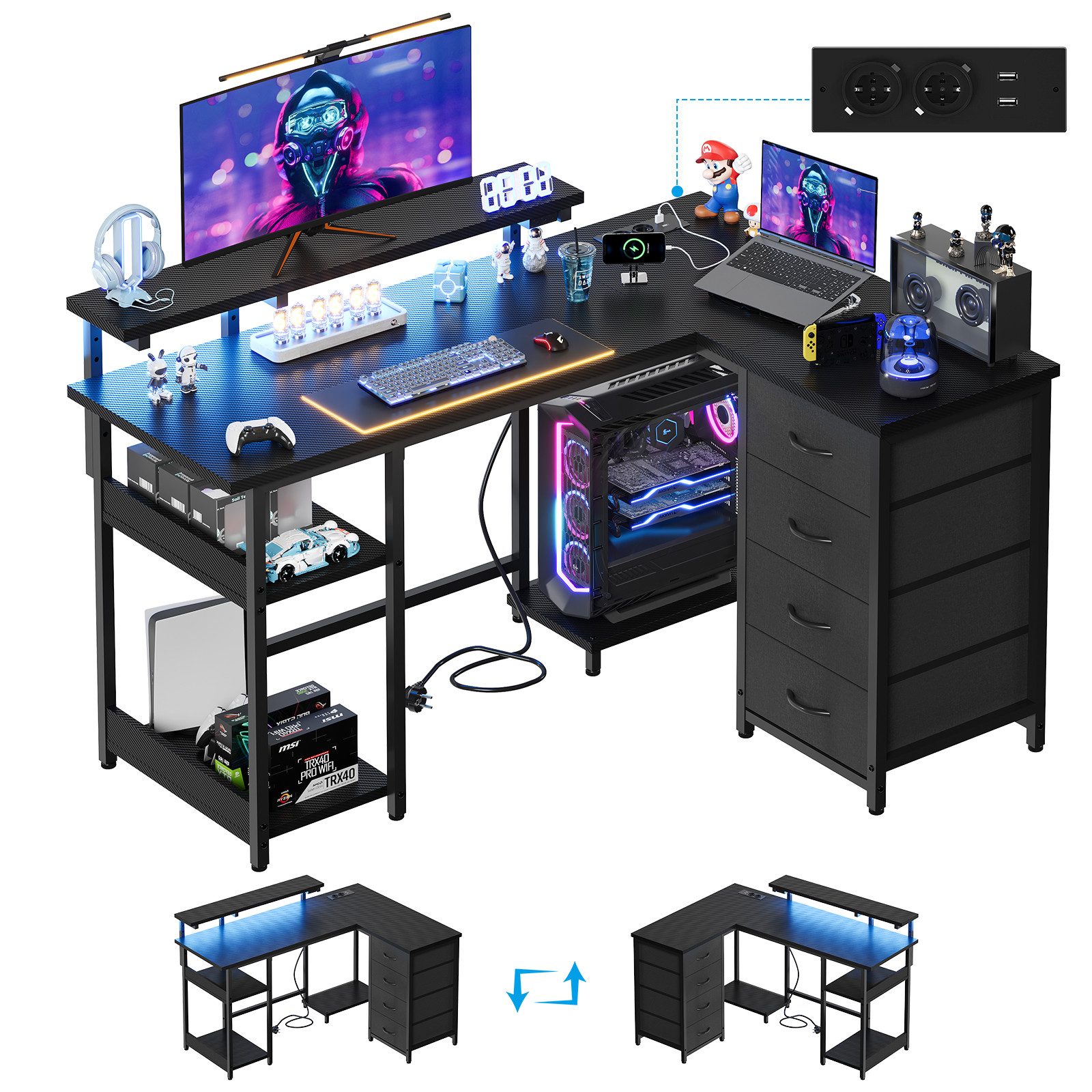 HOMALL Schreibtisch Eck-Schreibtisch, Gaming-Tisch mit Stauraum und Steckdosen (Ausgestattet mit 2 Steckdosen, 2 USB-Anschlüssen, 4 Schubladen, einer höhenverstellbaren Monitorhalterung, einer LED-Lichtleiste, 2 Einlegeböden sowie einer Halterung für den PC-Tower)