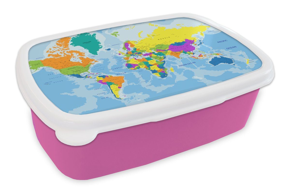 MuchoWow Lunchbox Weltkarte - Farben - Buchstaben - Kinder - Jungen - Mädchen, Kunststoff, (2-tlg), Brotbox für Erwachsene, Brotdose Kinder, Snackbox, Mädchen, Kunststoff rosa
