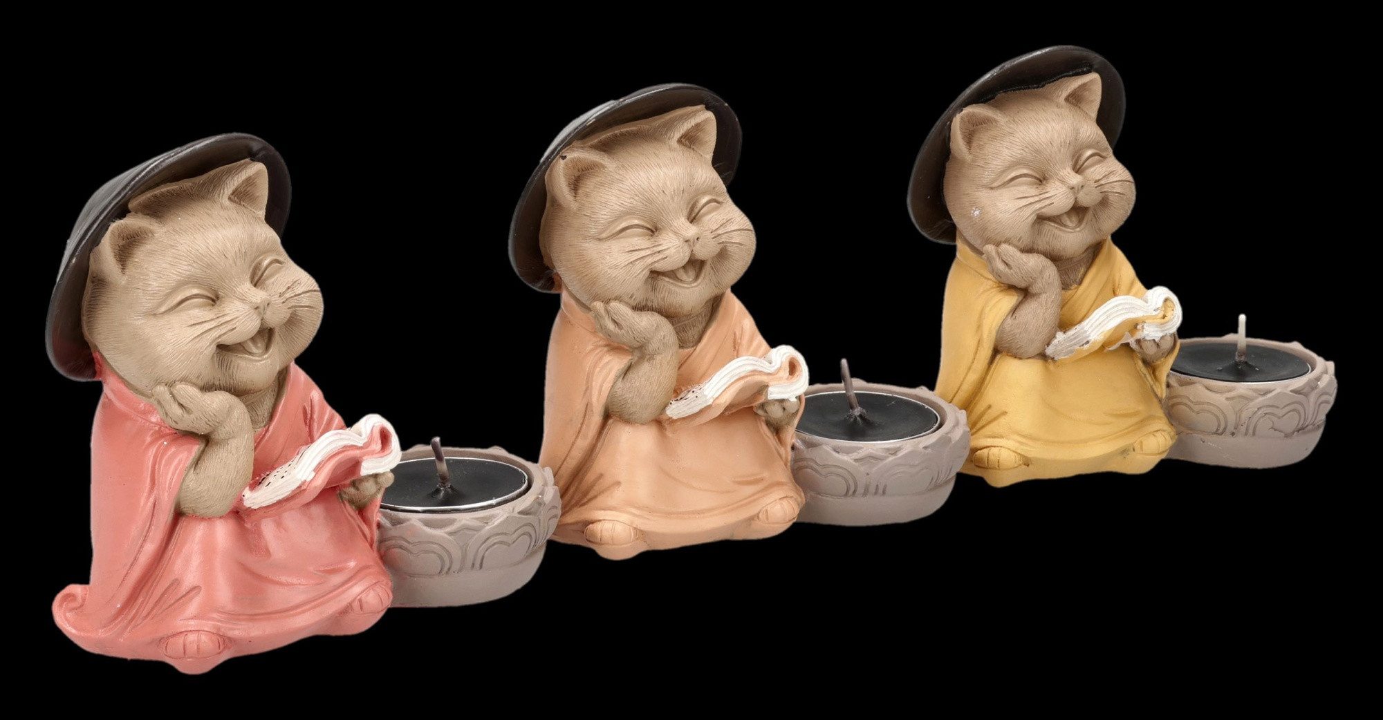 Figuren Shop GmbH Teelichthalter Buddha Katzen Teelichthalter Set – Katzenfigur Deko 3er Set 11 cm