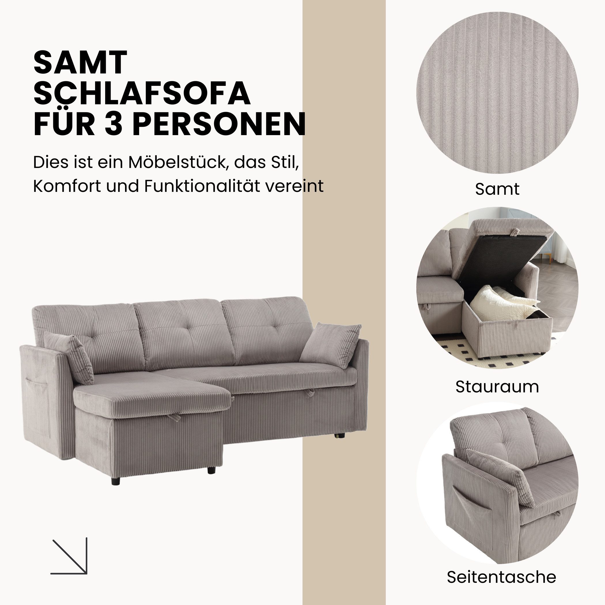 SeedWave Schlafsofa Samt Schlafsofa für 3 Personen, Sofa und Bett in Einem, Umsetzbarer Chaise Longue mit Stauraum, Kissen, Seitentasche
