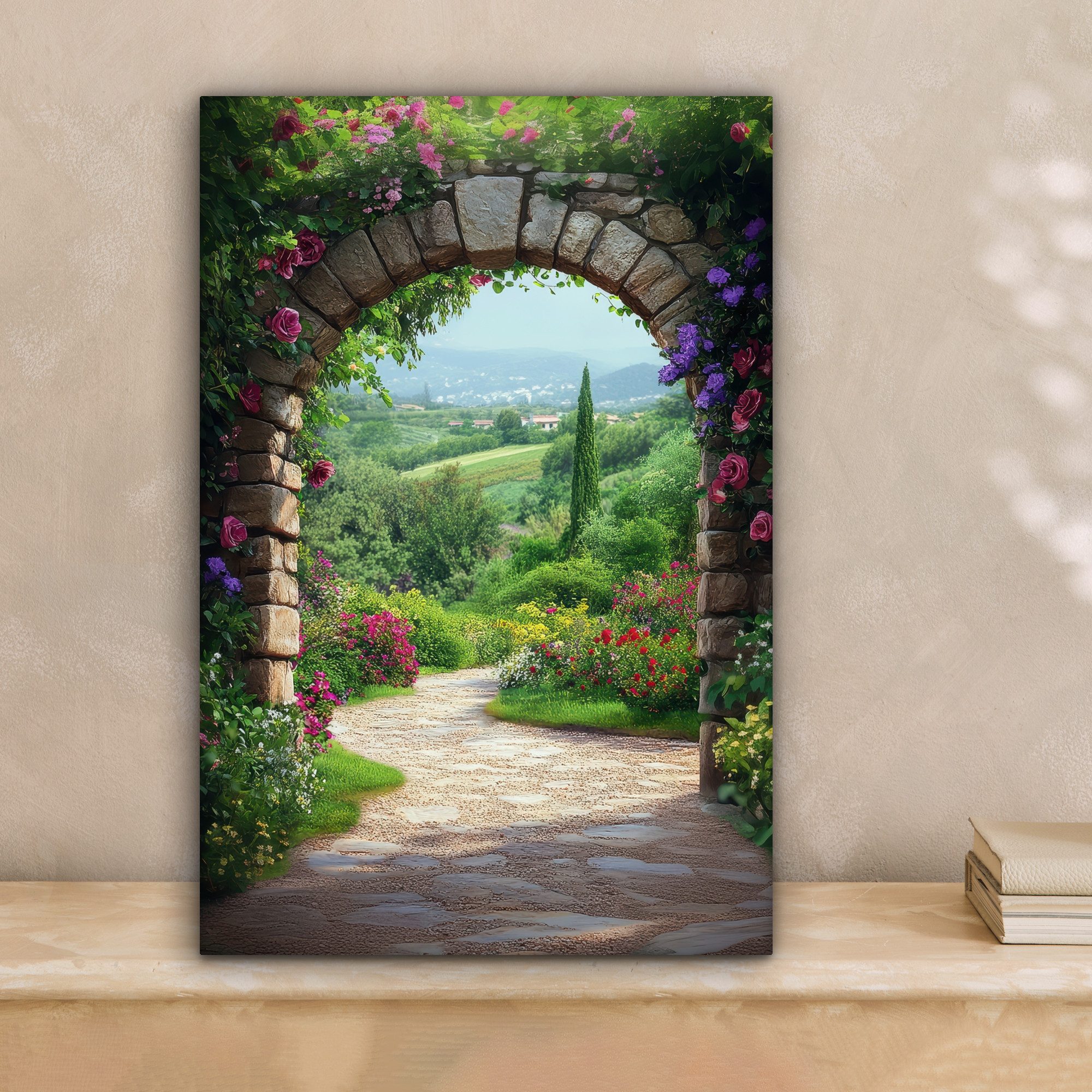 OneMillionCanvasses® Leinwandbild Durchblick - Landschaft - Blumen - Weg - Aussicht, Fotodruck (1 St), Leinwand Canvas Wandbild, Wanddekoration 20x30 cm