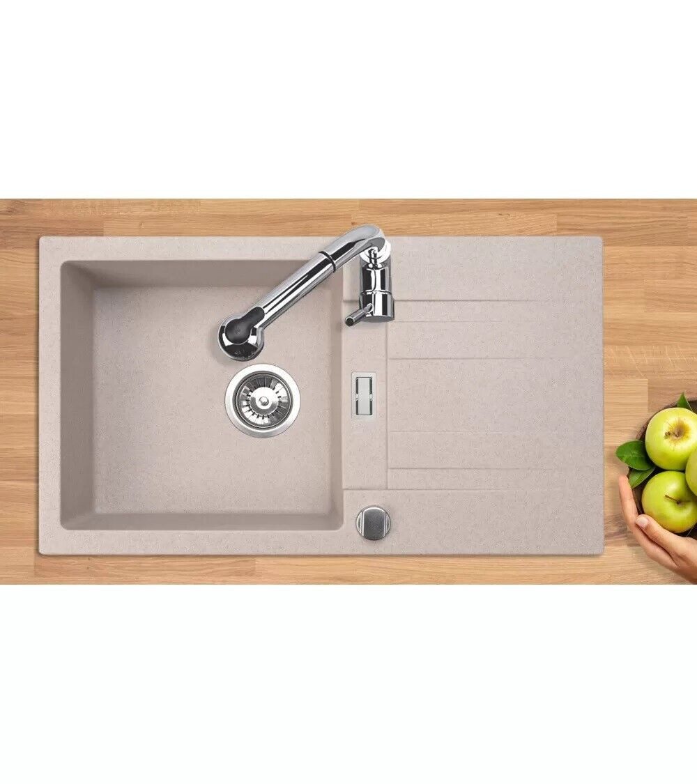 Homeline Granitspüle London Granitspüle Schwarz Weiß Beige Grau Küchenspüle Siphon 76x44, Eckig, 76/43 cm, Wecken, kann rechts und links eingebaut werden., (Granitspüle, 2 St., Inklusiv Ablaufgarnitur)