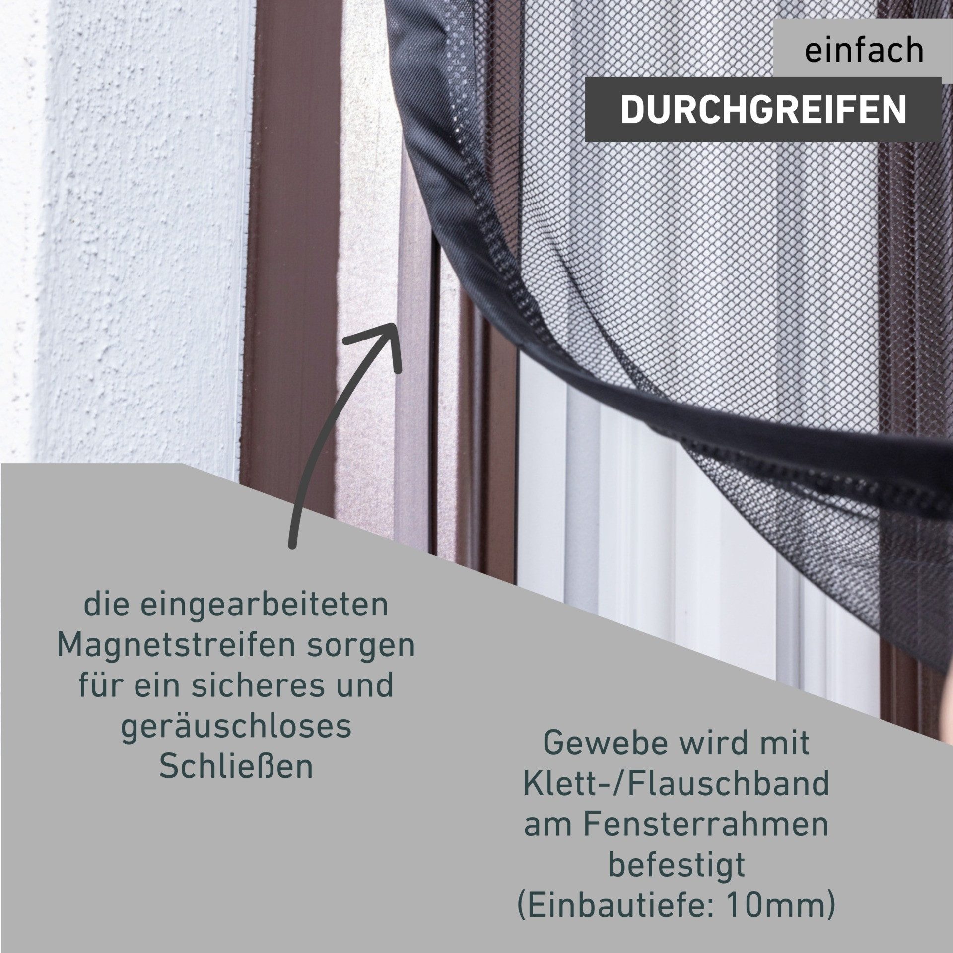 Windhager Insektenschutz-Vorhang mit Magnetstreifen für Fenster aus UV-beständigem Polyestergewebe, Fliegengitter, 130 x 150 cm, Mückenschutz in anthrazit, ohne – Bild 4 von 5