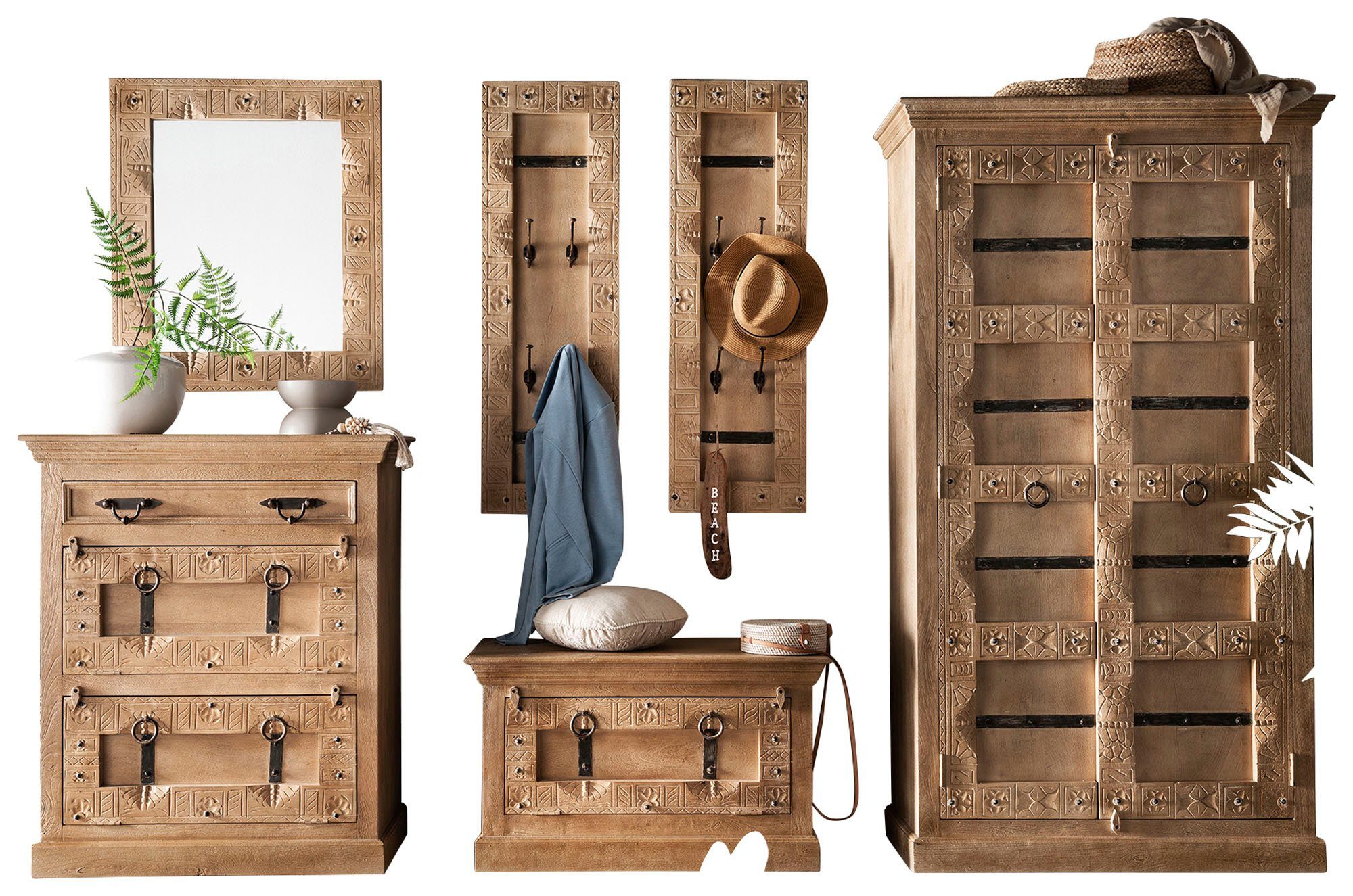 SIT Garderoben-Set, (Set, 6-St., Dielen-Set), Front mit aufwändigen Schnitzereien, Ringgriffe & Beschläge aus Metall