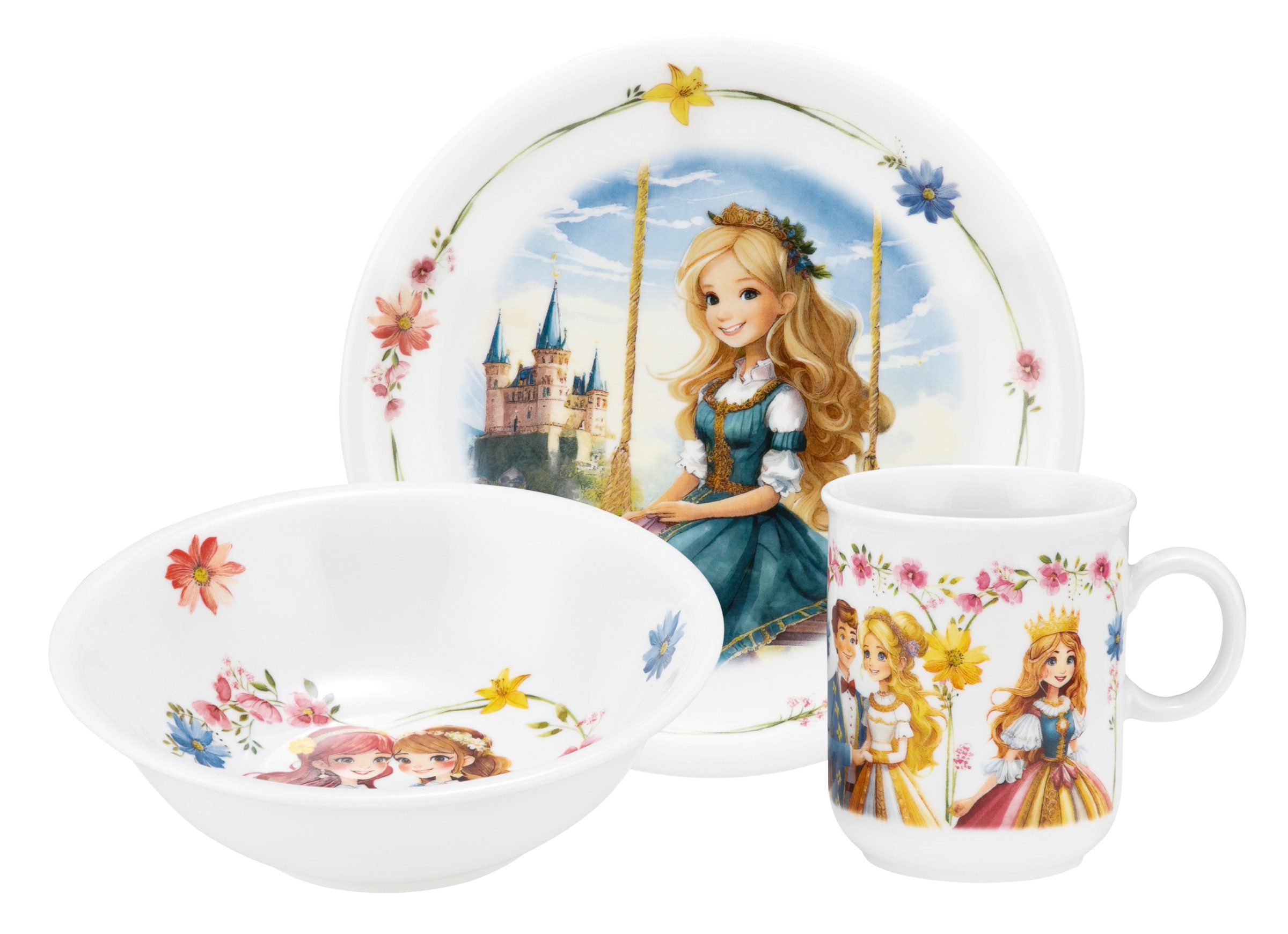 Seltmann Weiden Детская посуда-Set Compact Prinzessin, Kinder-Set 3-teilig (3-tlg), 1 Personen, Porzellan, 1x Frühstücksteller 19 cm, 1x Schüssel 16 cm, 1x Кружки 0,25 l