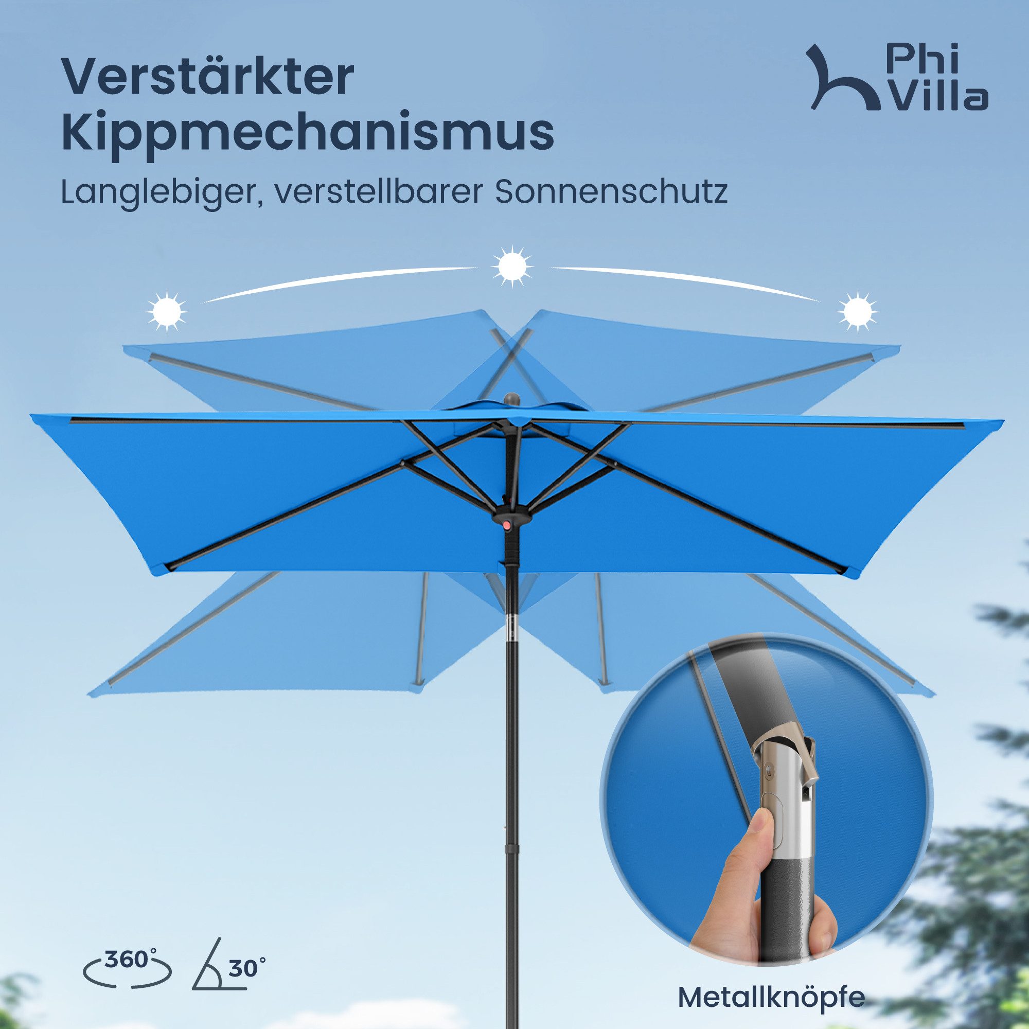 PHI VILLA Sonnenschirm, LxB: 210x130 cm, Regenschirm Eckig mit Klemme für Balkon, Gartenschirm Kippbar Windfest Stabil zum Mitnehmen UV50+ Schutz