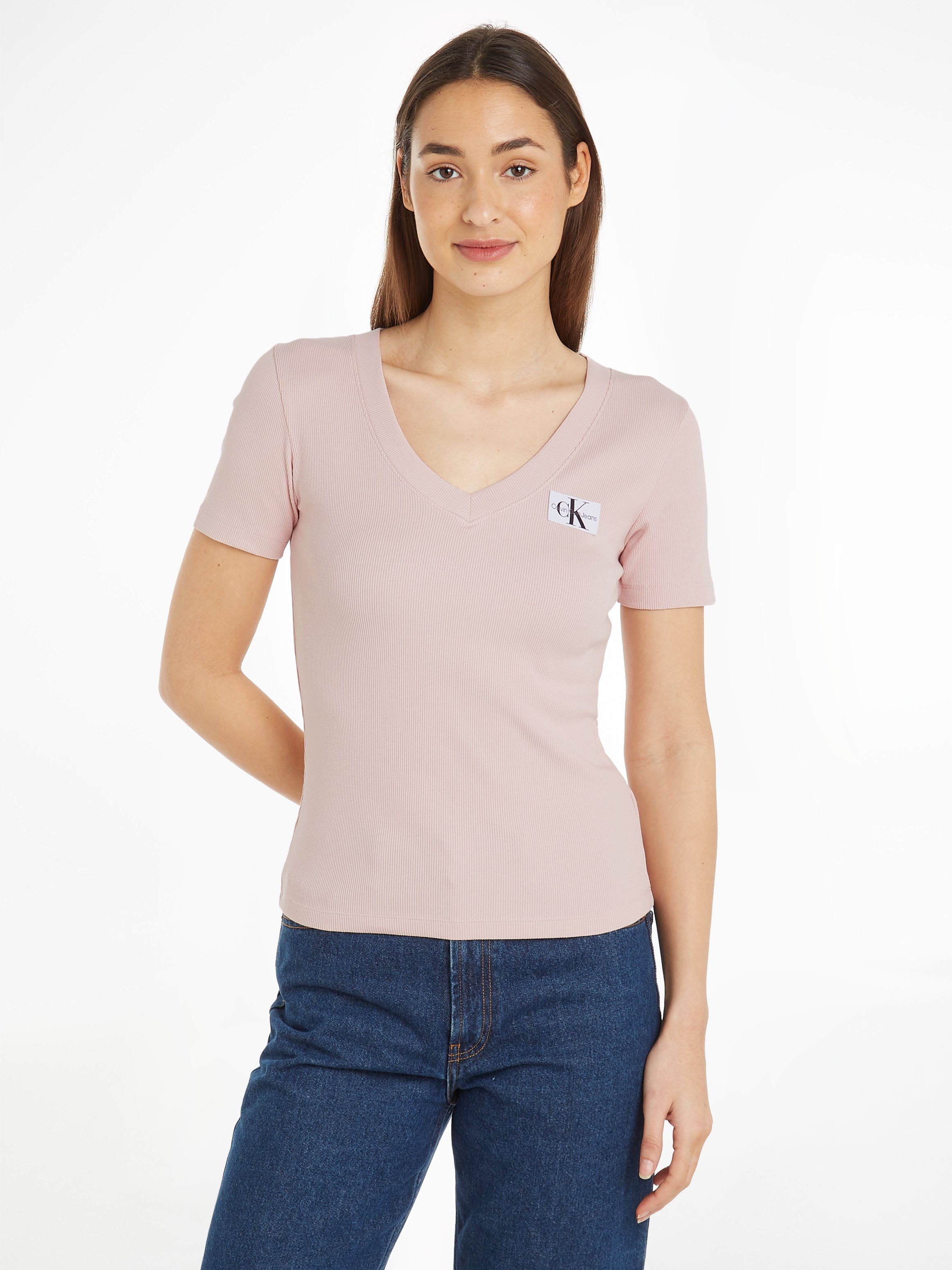Calvin Klein Jeans T-Shirt WOVEN LABEL RIB V-NECK TEE mit Logomarkenpatch