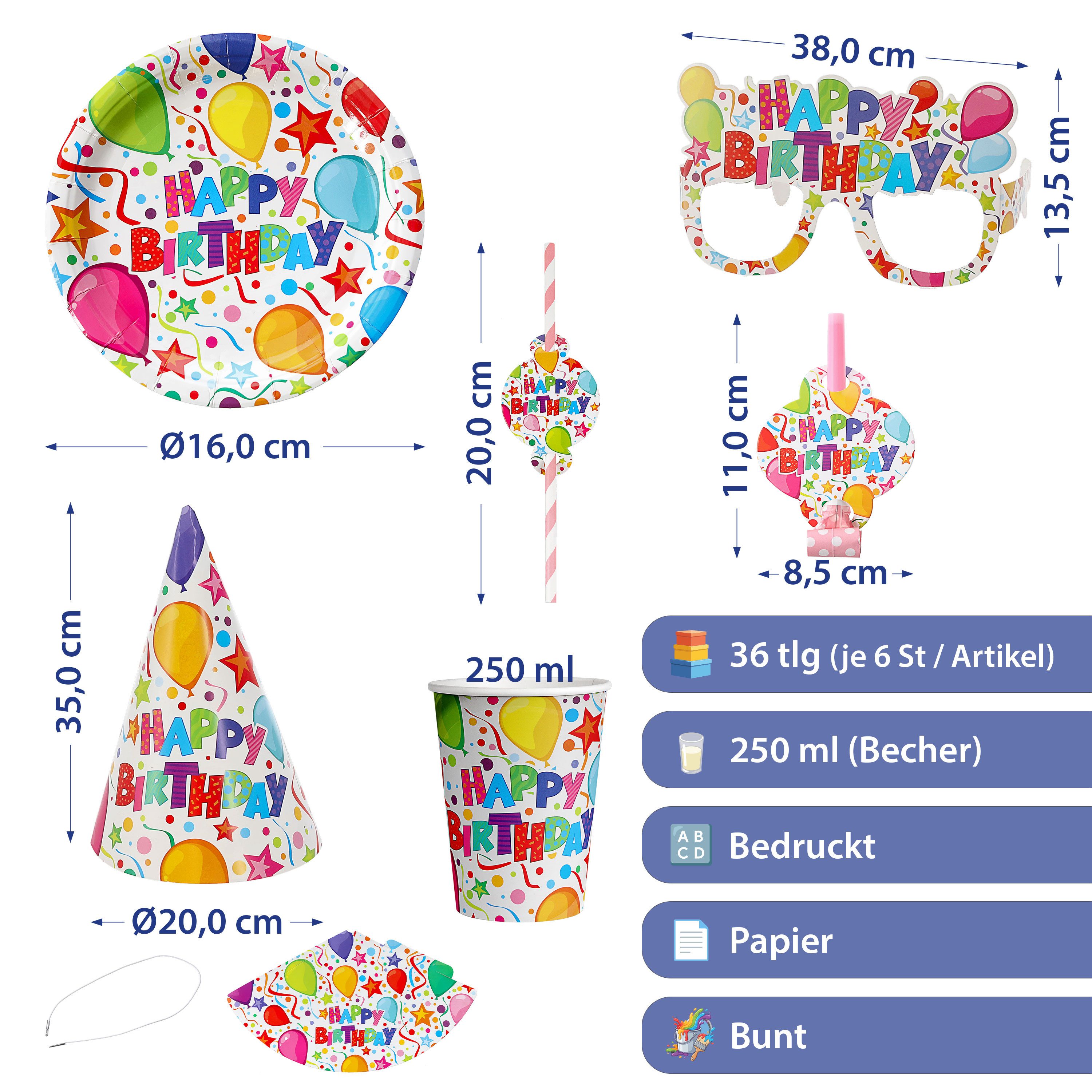 CEPEWA Einweggeschirr-Set PartySet Happy Birthday 36tlg Becher Teller Strohhalm Brille Hut Tröte