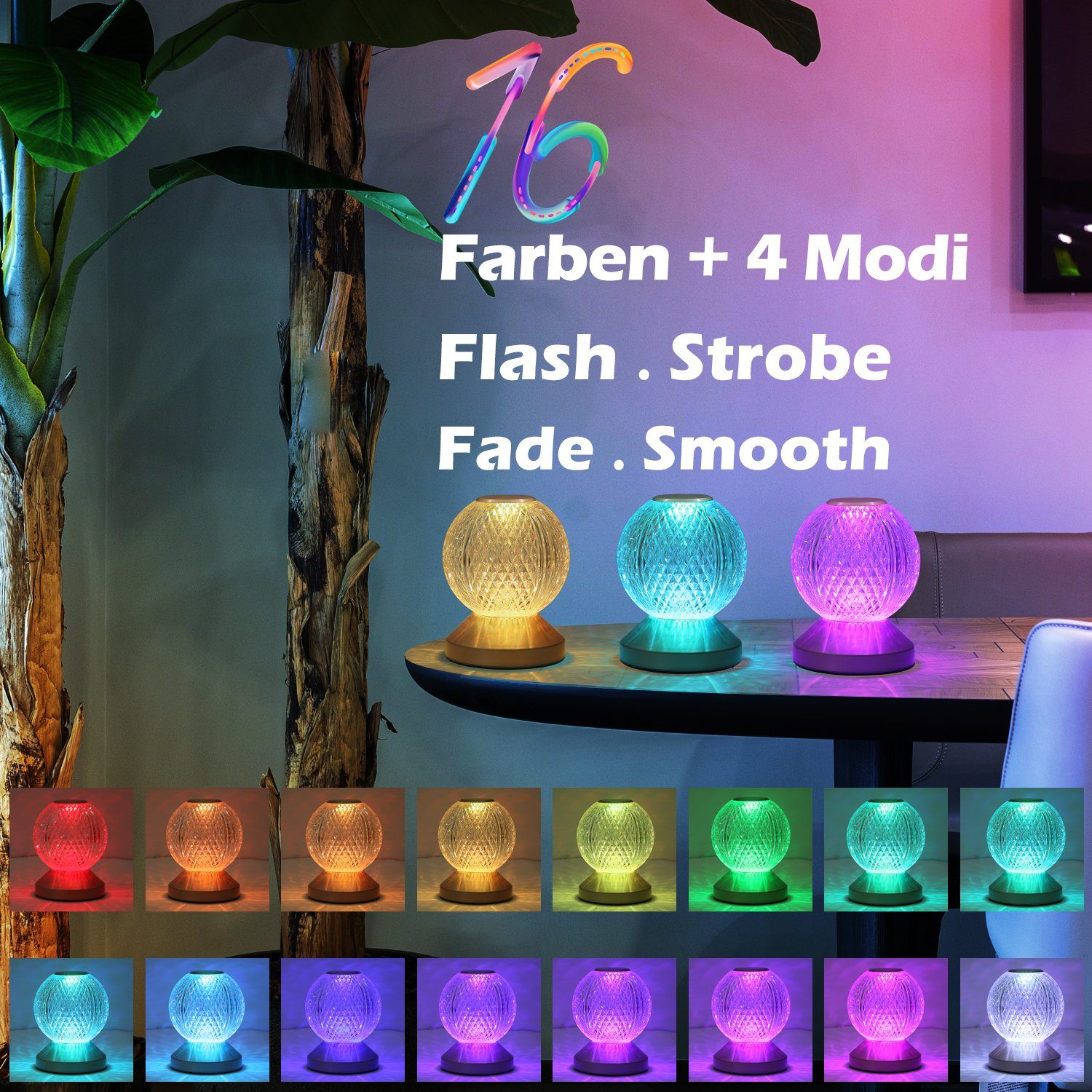 Akku Stimmung LED RGB, USB Fernbedienung, ZMH RGB, fest mit Dimmbar Wohnzimmer, Kugel Aufladbar Touch-Funktion, Kabellos Tischleuchte integriert, RGB USB LED