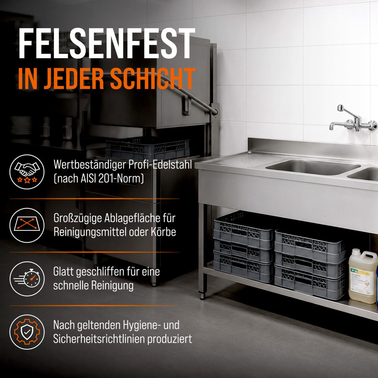 GastroHero Arbeitstisch Spültisch 160x60 cm - Edelstahl mit Becken - Gastro - Spüle