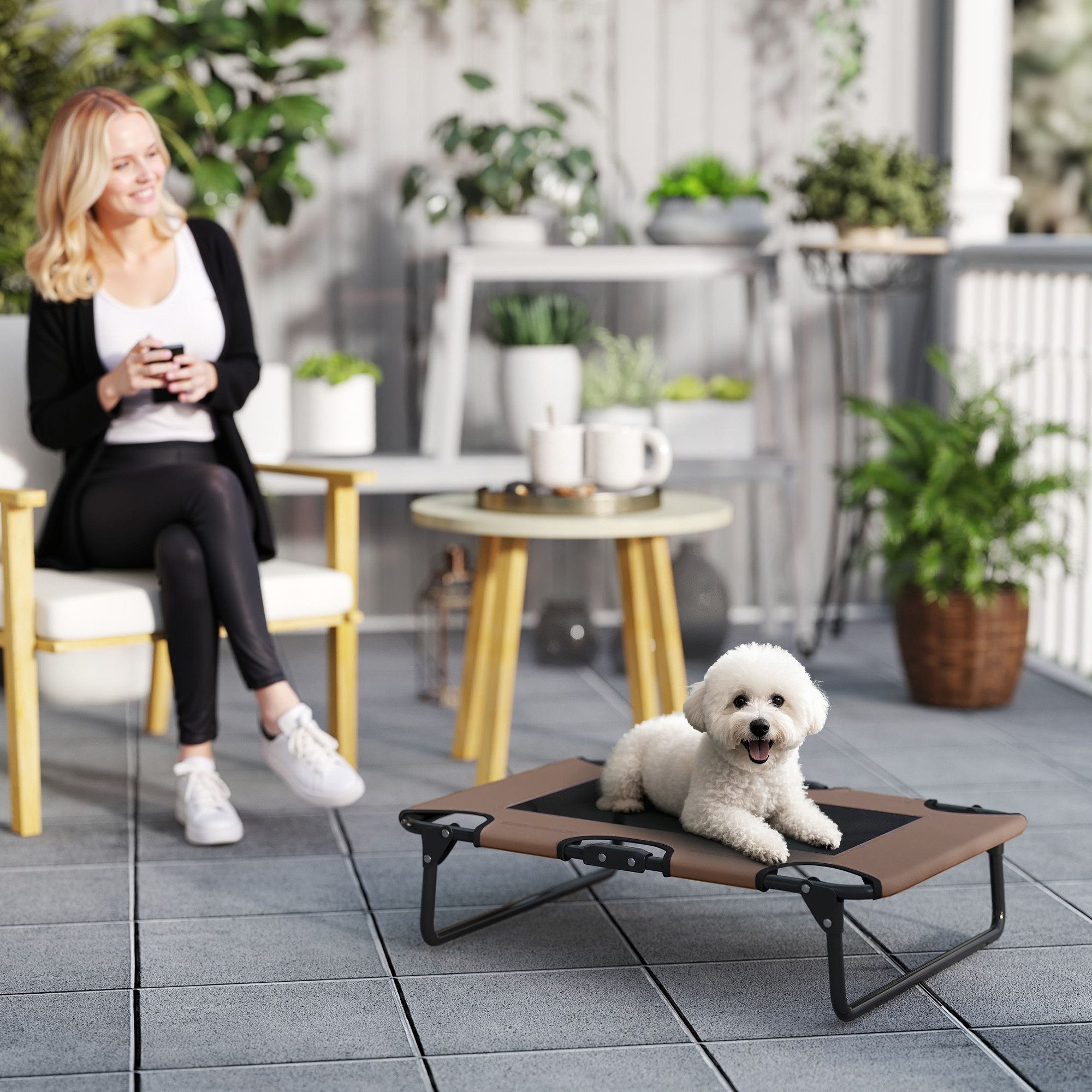 PawHut Tierbett klappbar, mit Netzdesign, atmungsaktiv, Polyester, für kleine und mittelgroße Hunde, Kaffee, Oxford, 75 x 51 x 18 cm