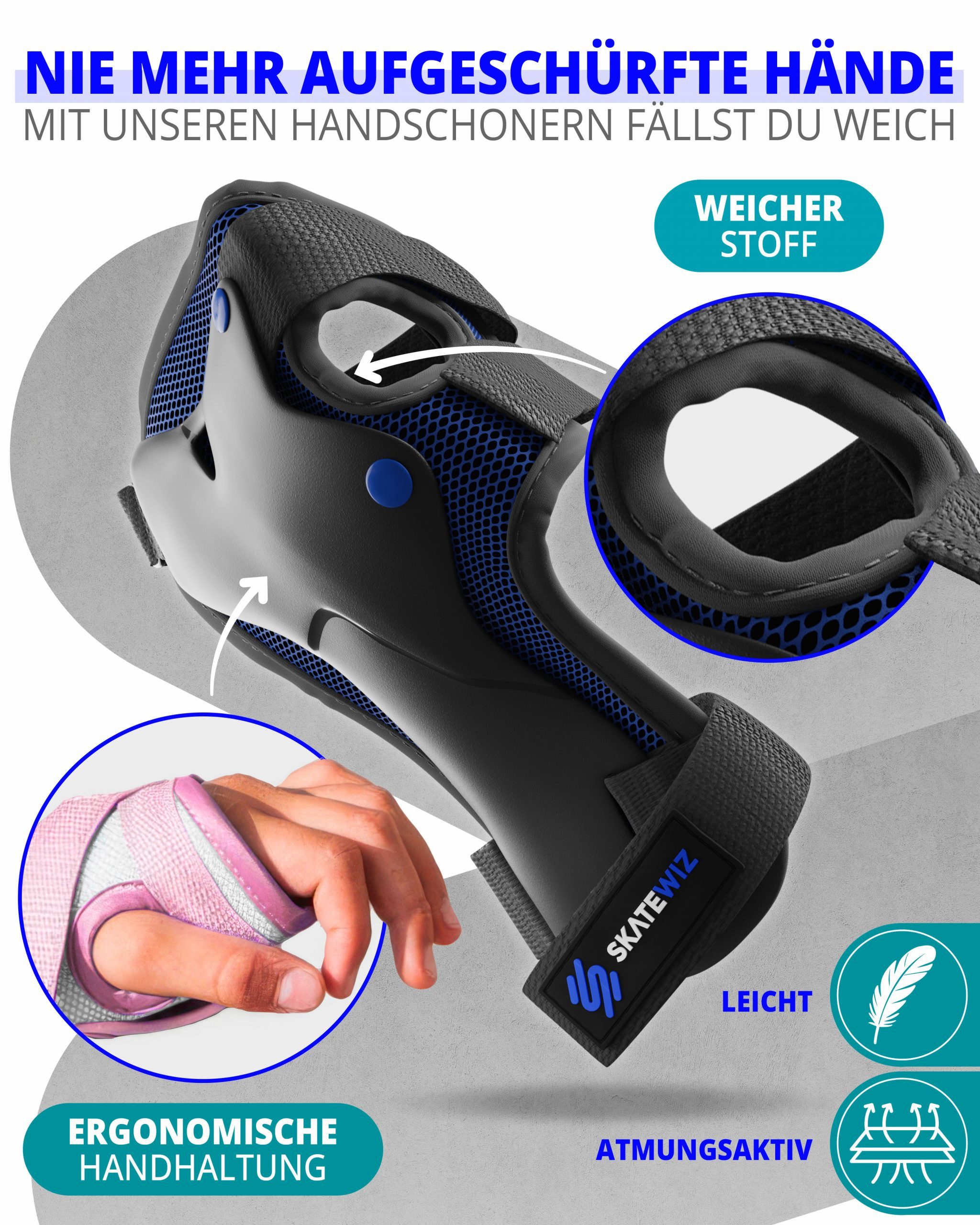 SKATEWIZ Protektoren-Set SMASH Knieschoner Kinder Inliner Schoner Erwachsene Protektoren Set (Schonerset Inliner skates Mädchen Schützer, 6-tlg., Inliner Schone – Bild 3 von 5