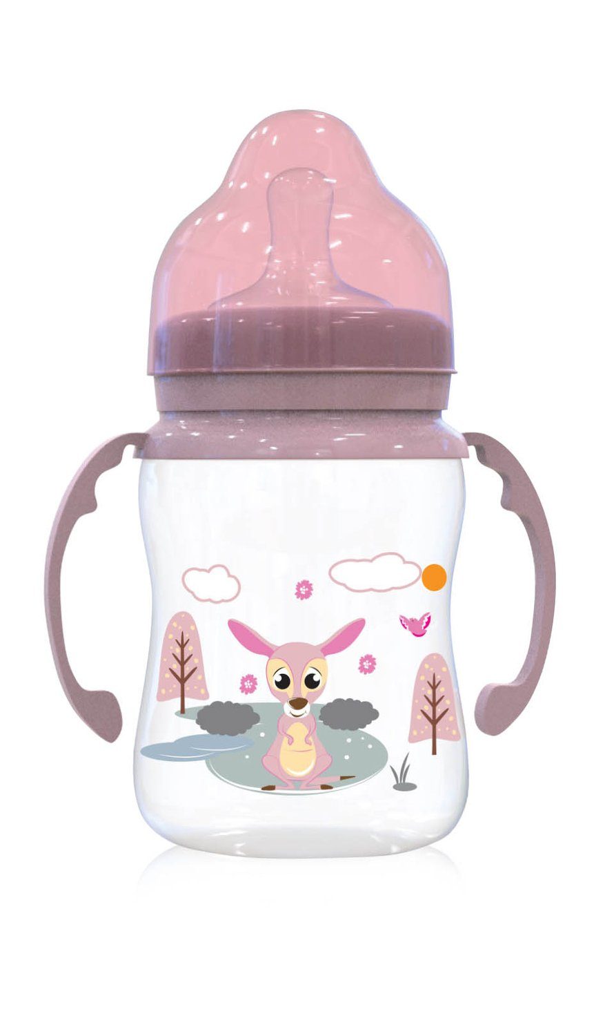 Baby Care Babyflasche Baby-Weithalsflasche 250 ml, mit Griffe, Sauger Größe 0+, Schutzdeckel rosa