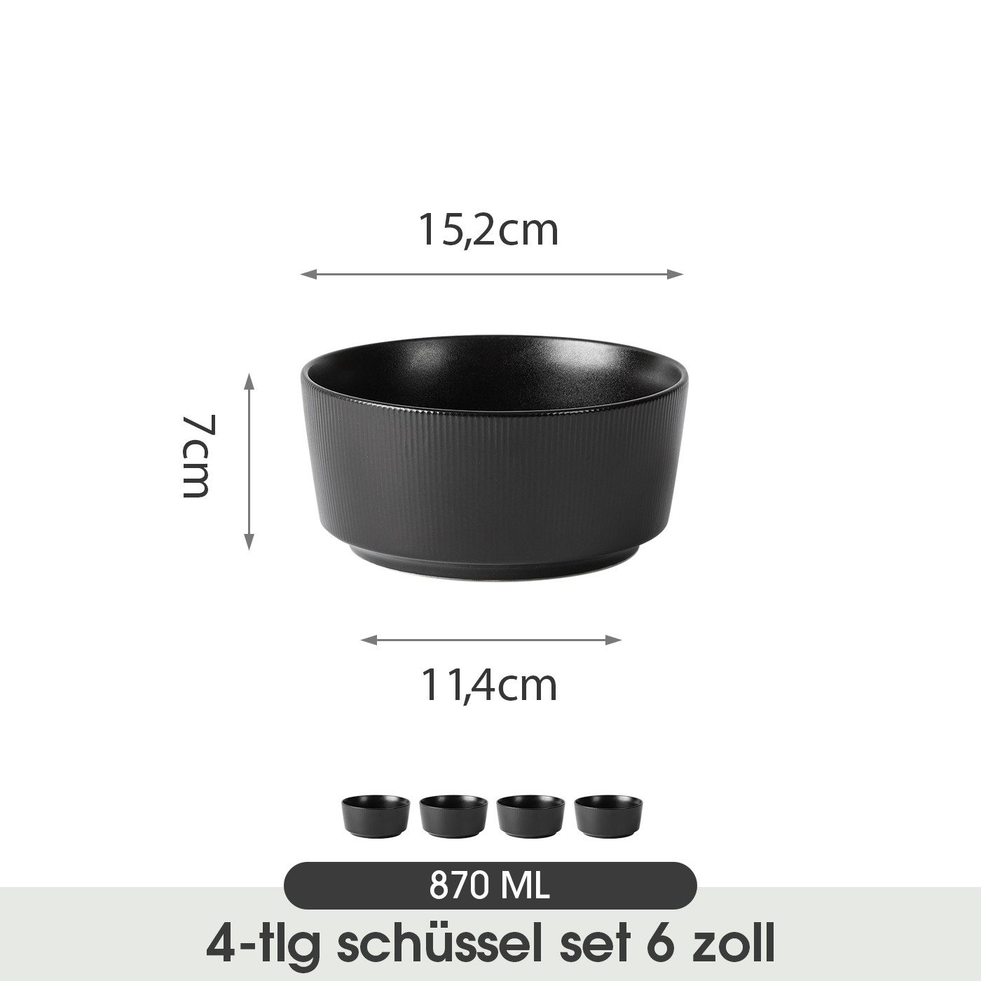 JIWOO Schüssel 4er Ø15,2cm, Müslischüssel Suppenschüssel Salatschüssel Dessertschale, Keramik, (Schüsselset, 4-tlg), Hochwertiges Schüsseln Schwarz Mikrowellen spülmaschinenfest Ø15,2cm