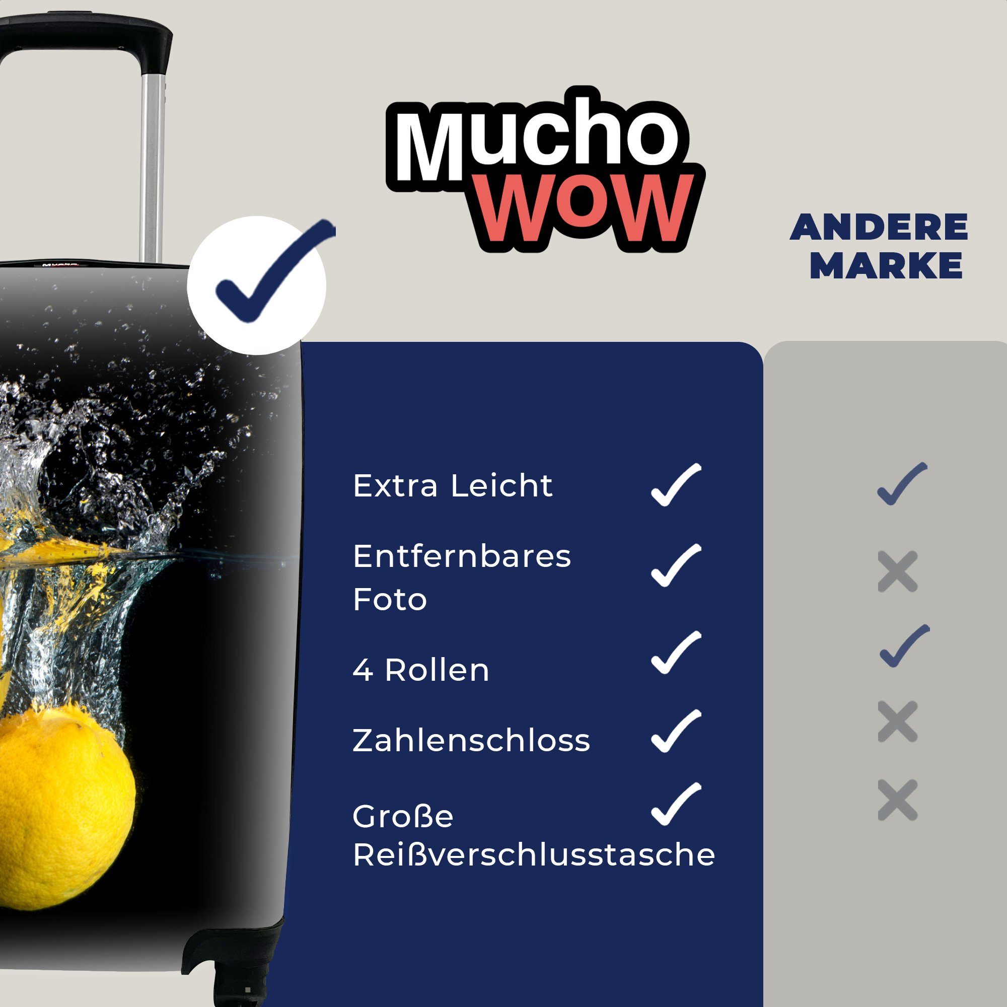MuchoWow Handgepäckkoffer Zitrone - - - Gelb, Reisekoffer mit Frucht Reisetasche Rollen, für Stilleben rollen, Handgepäck Wasser Trolley, 4 Ferien, 